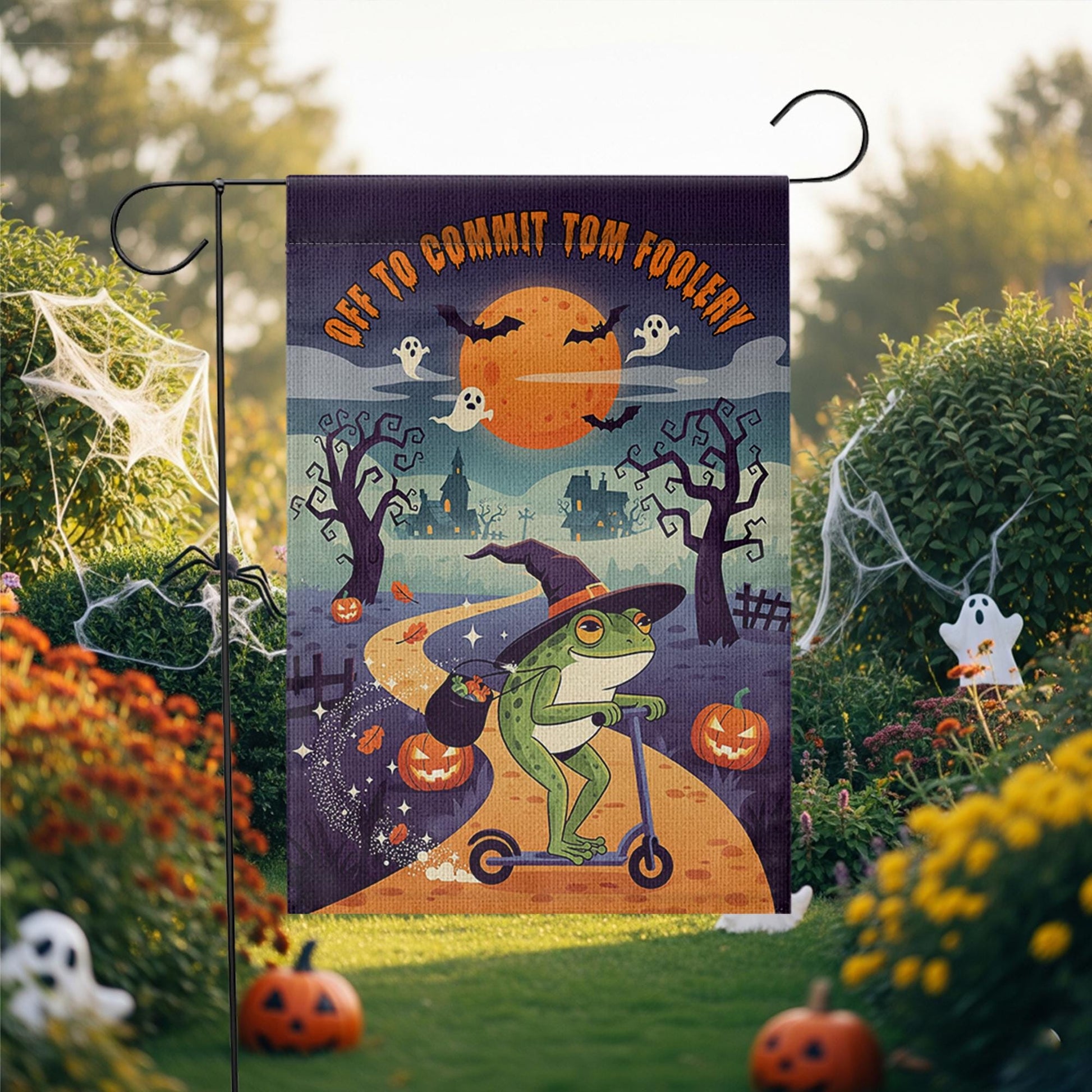 Funny Halloween Garden Flag – Witch Frog on Scooter – Off to Commit Tom Foolery Decor