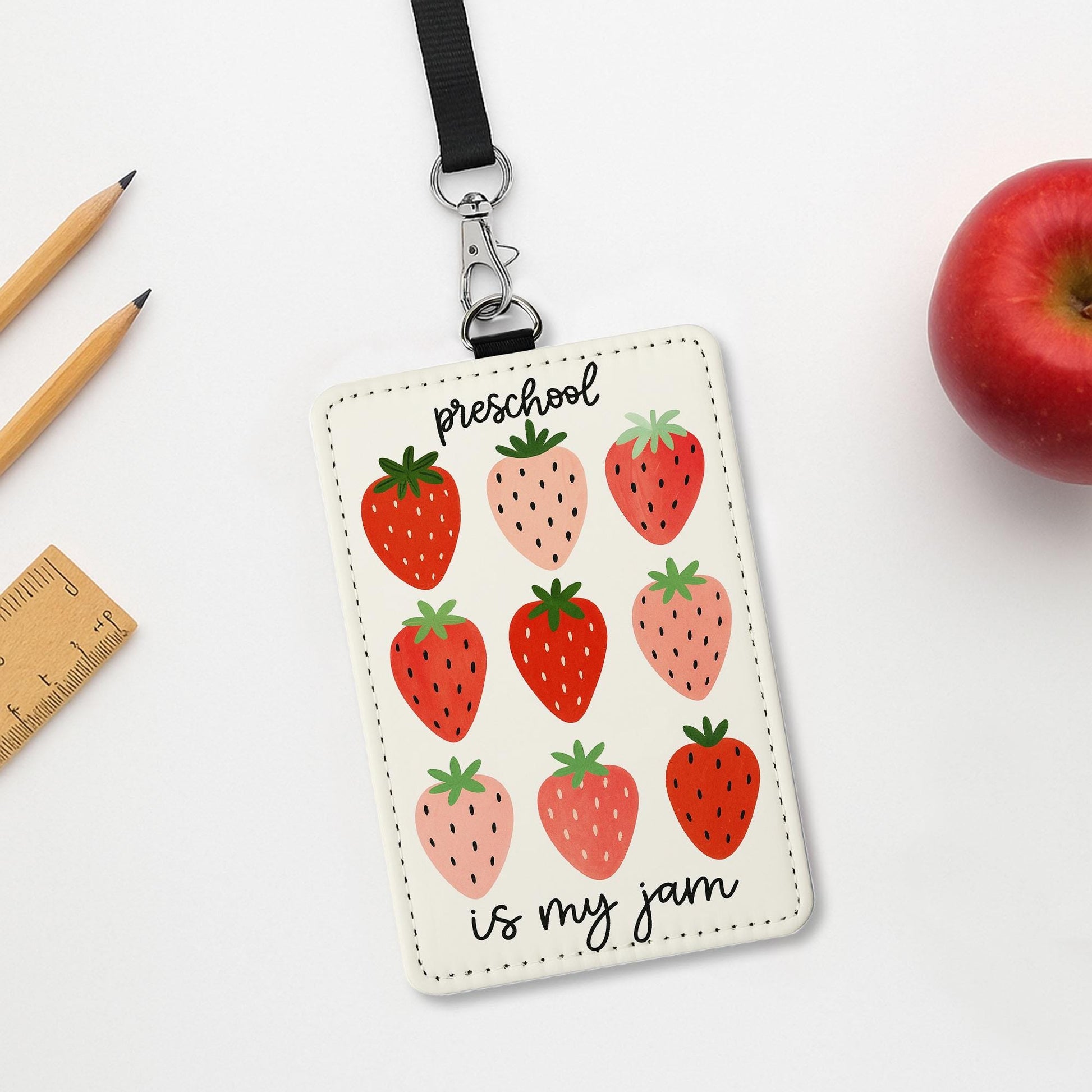 Preschool Is My Jam Strawberry ID Holder | Cute Teacher Badge Reel | Fun Lanyard Tag for Preschool Teachers, Early Educators, Classroom Gift