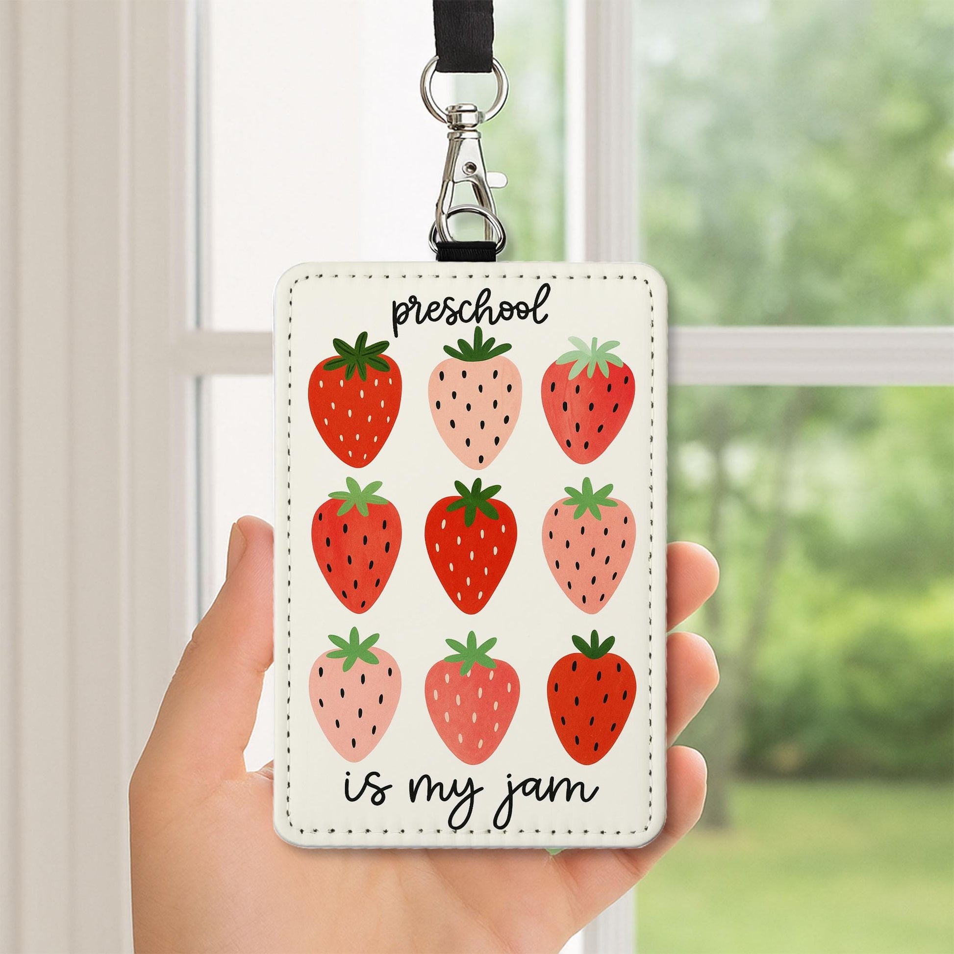 Preschool Is My Jam Strawberry ID Holder | Cute Teacher Badge Reel | Fun Lanyard Tag for Preschool Teachers, Early Educators, Classroom Gift