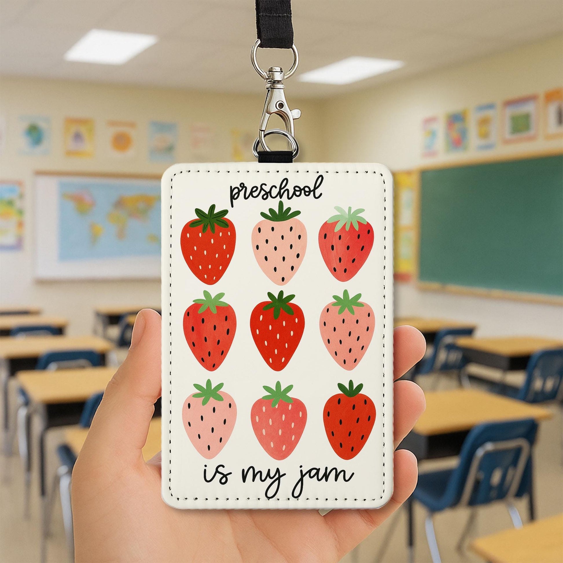 Preschool Is My Jam Strawberry ID Holder | Cute Teacher Badge Reel | Fun Lanyard Tag for Preschool Teachers, Early Educators, Classroom Gift