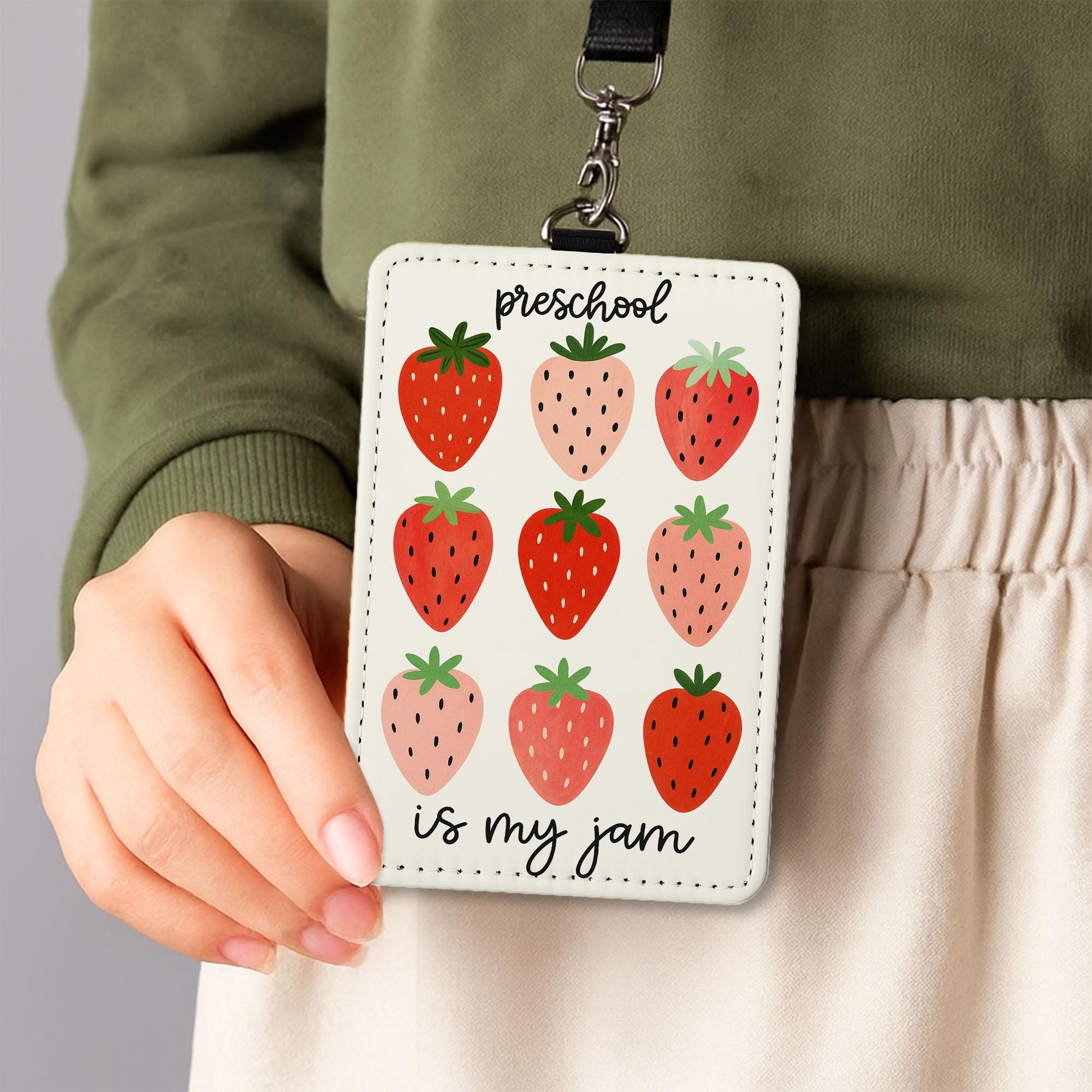 Preschool Is My Jam Strawberry ID Holder | Cute Teacher Badge Reel | Fun Lanyard Tag for Preschool Teachers, Early Educators, Classroom Gift