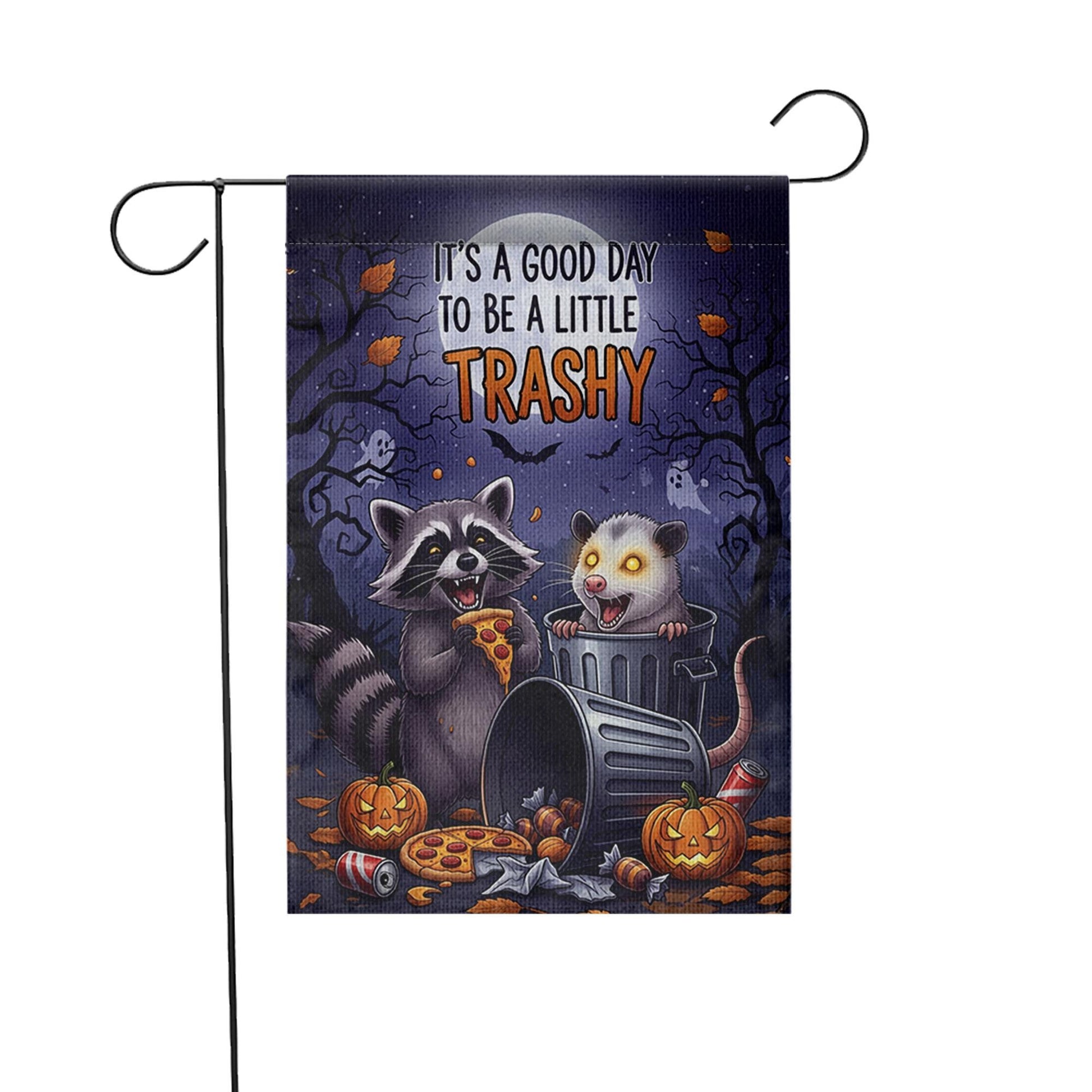 Funny Halloween Garden Flag – Raccoon and Opossum Trashy Quote – Spooky Cute Fall Decor