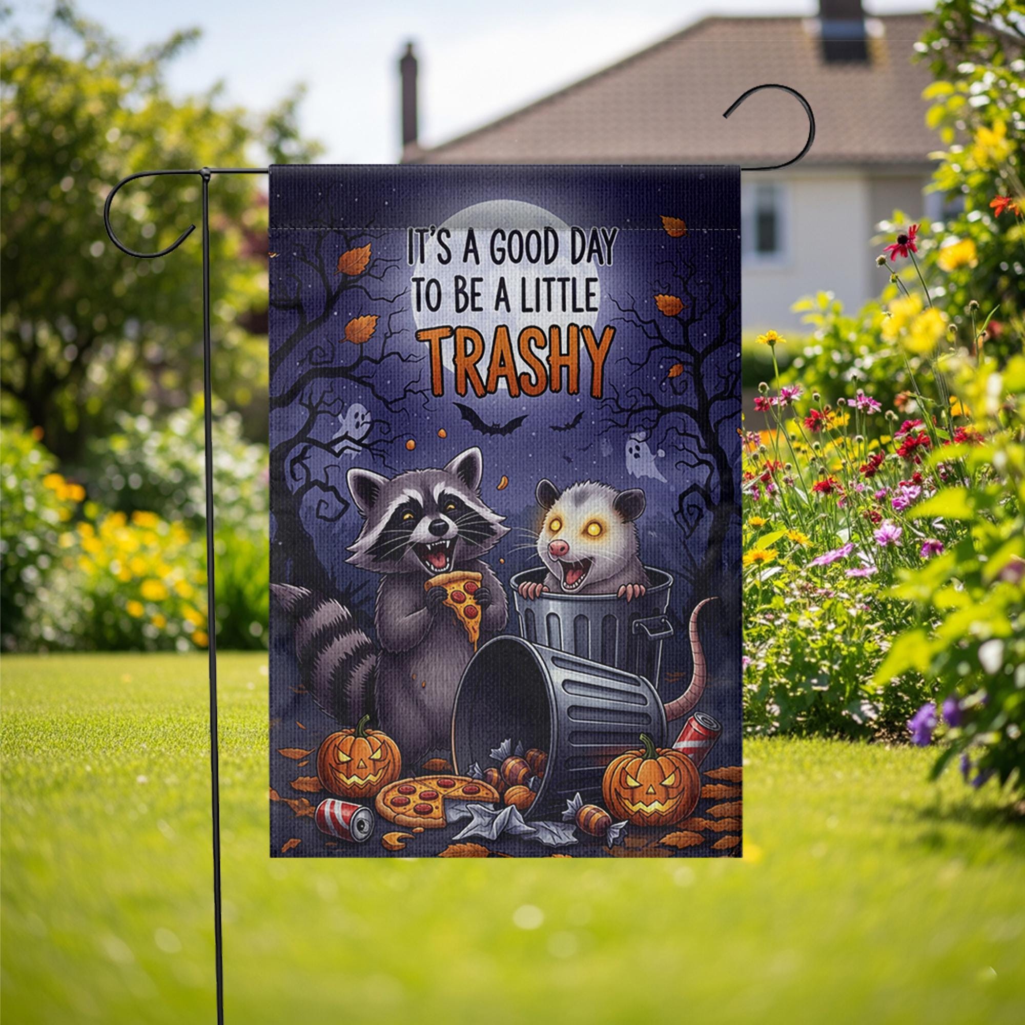 Funny Halloween Garden Flag – Raccoon and Opossum Trashy Quote – Spooky Cute Fall Decor