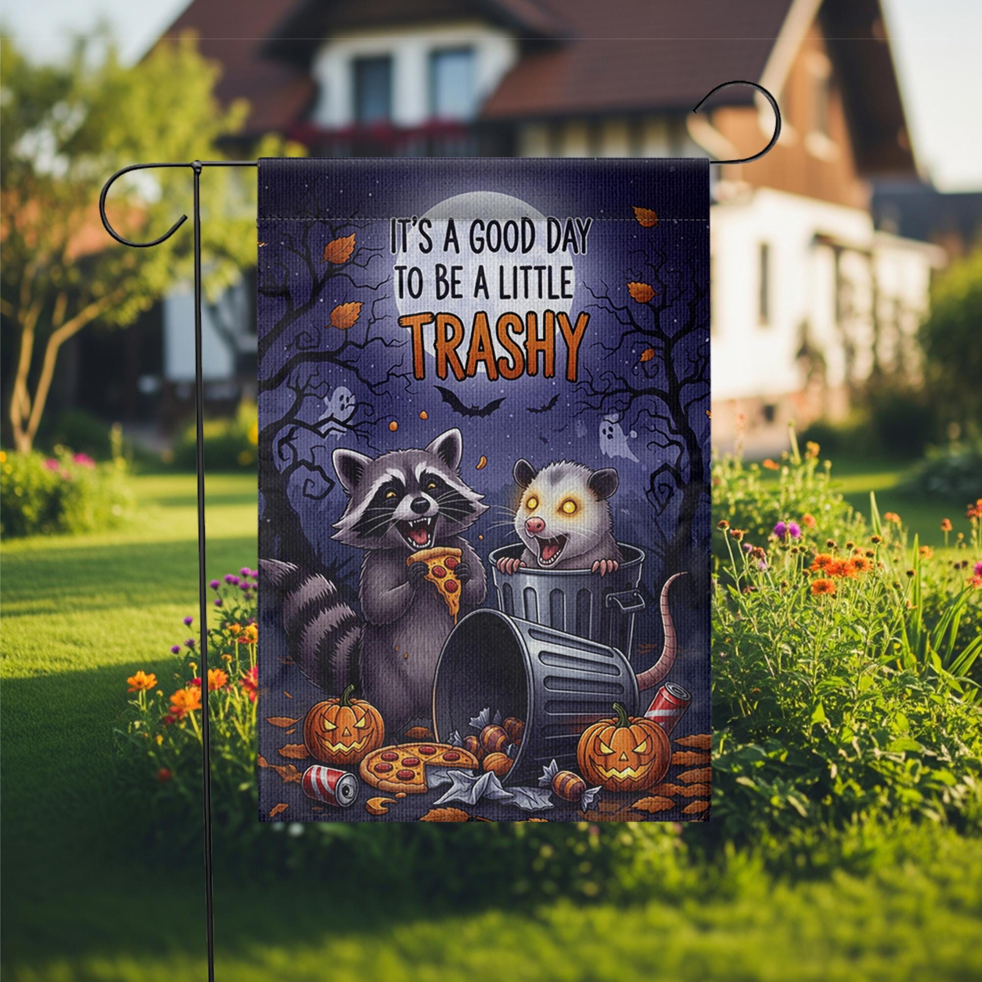 Funny Halloween Garden Flag – Raccoon and Opossum Trashy Quote – Spooky Cute Fall Decor
