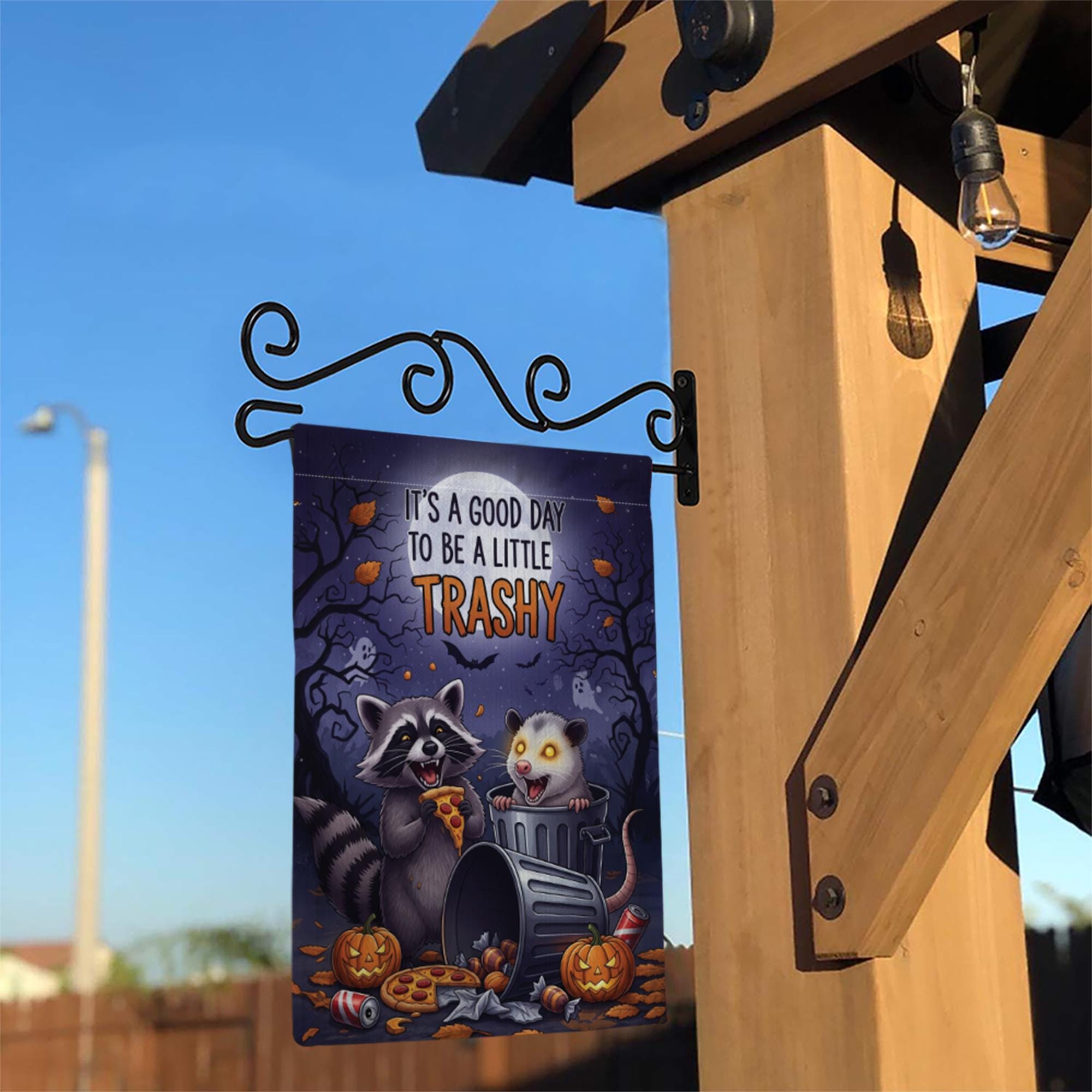 Funny Halloween Garden Flag – Raccoon and Opossum Trashy Quote – Spooky Cute Fall Decor
