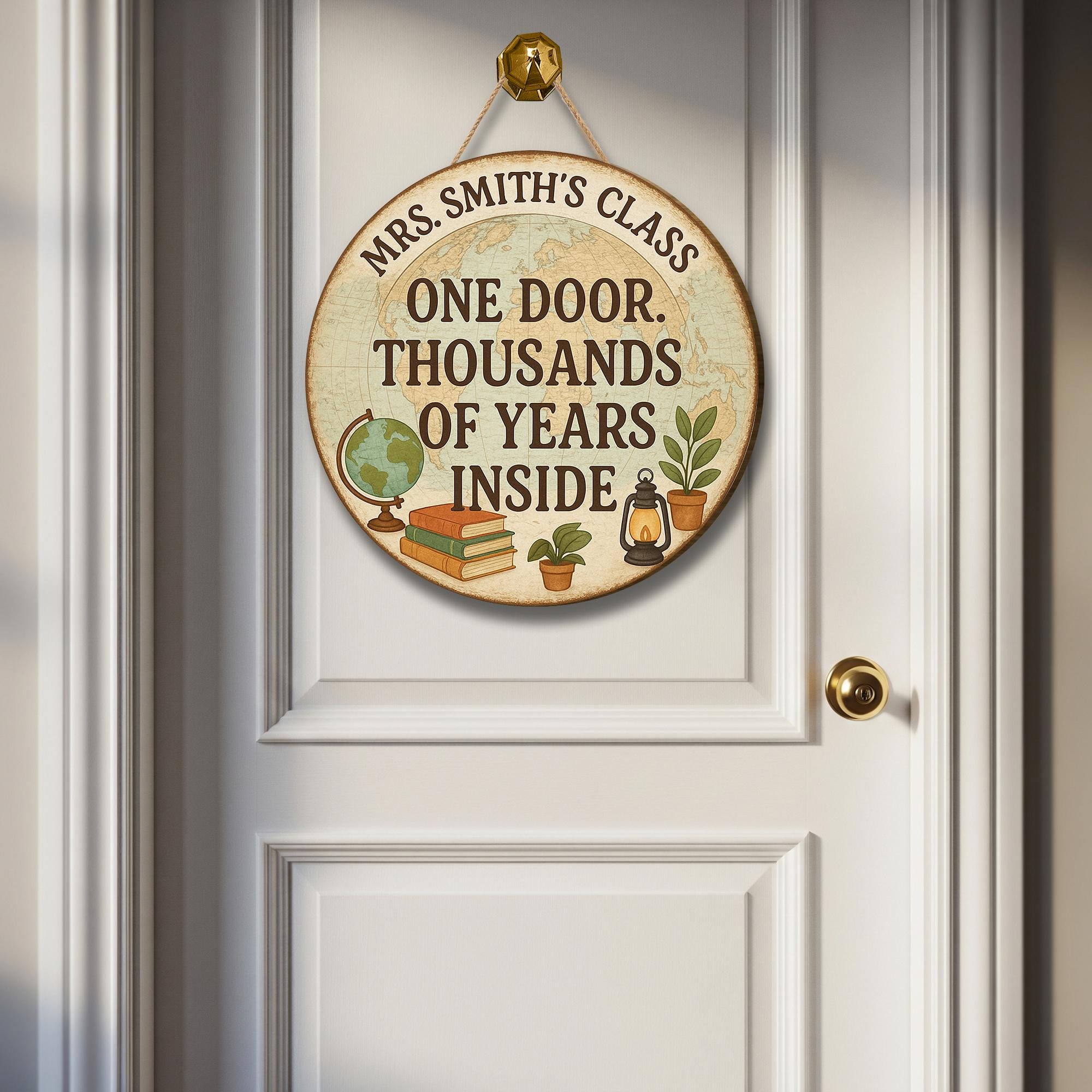 History Classroom Door Sign, One Door Thousands of Years Inside, Personalized Teacher Wood Sign, Vintage Globe Classroom Decor