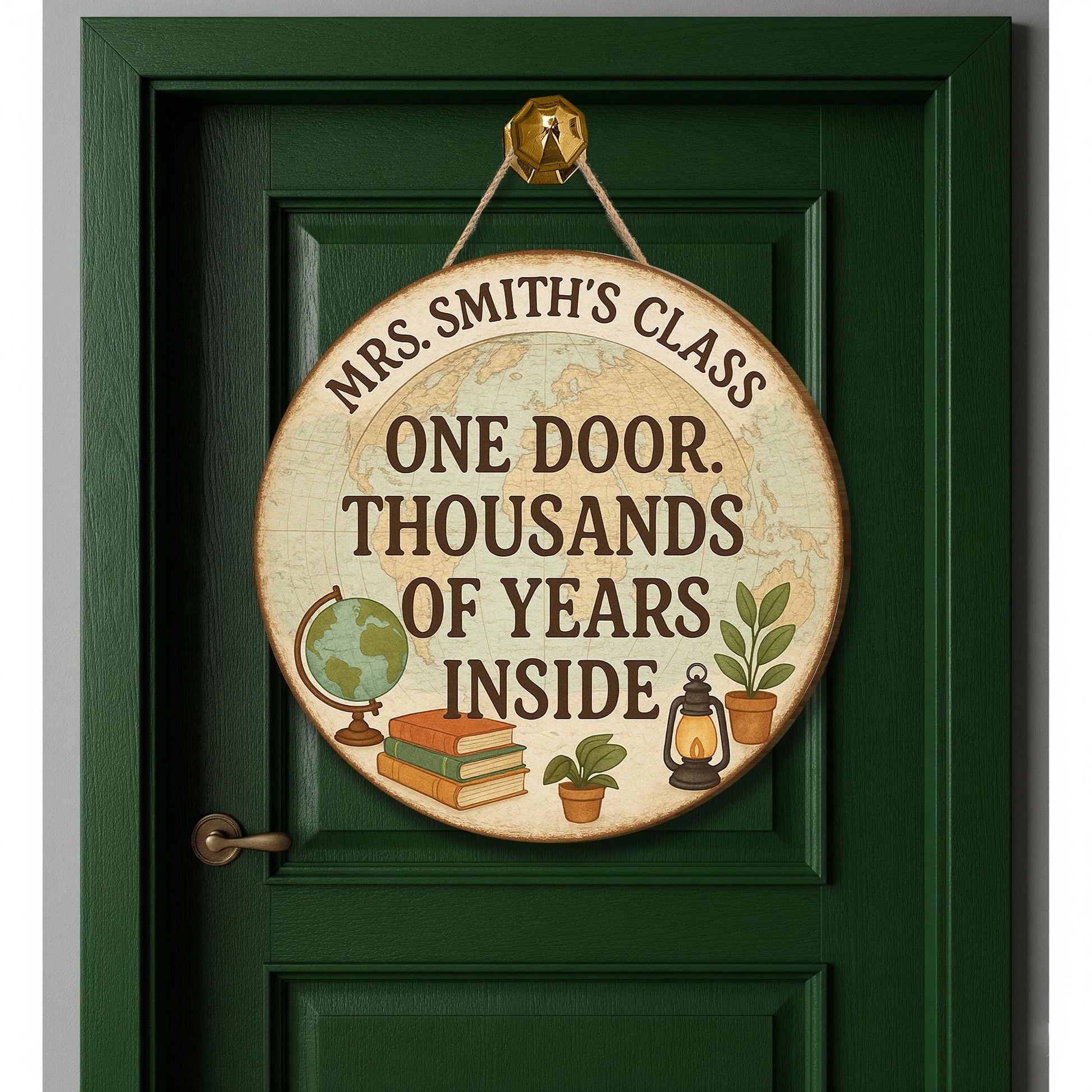 History Classroom Door Sign, One Door Thousands of Years Inside, Personalized Teacher Wood Sign, Vintage Globe Classroom Decor