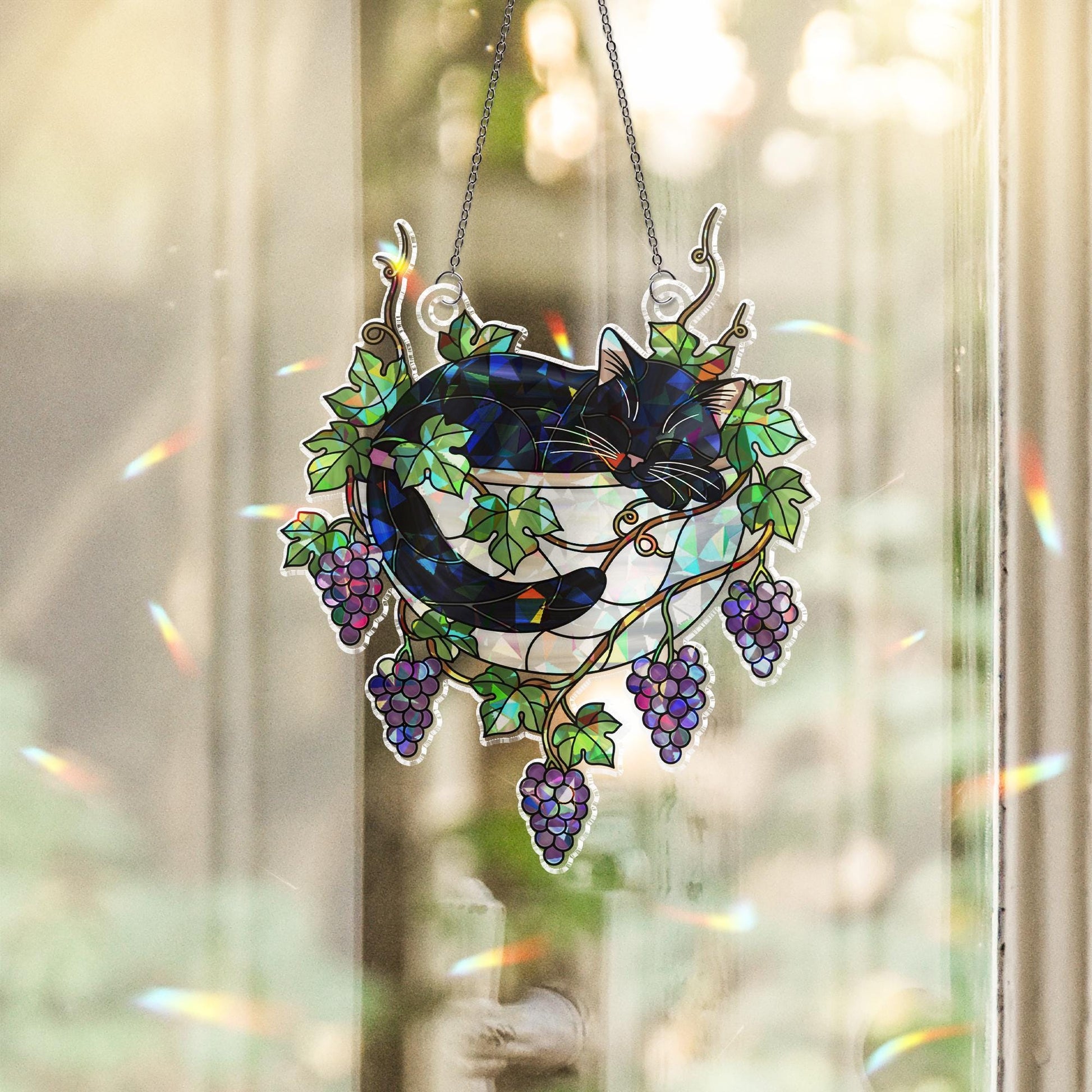 Black Cat Sleeping on Grapes Plants Hologram Ornament | Cat ACRYLIC Window Hanging | Plant Lover Gift, Fruit Plants Decor, Cozy Cat Decor