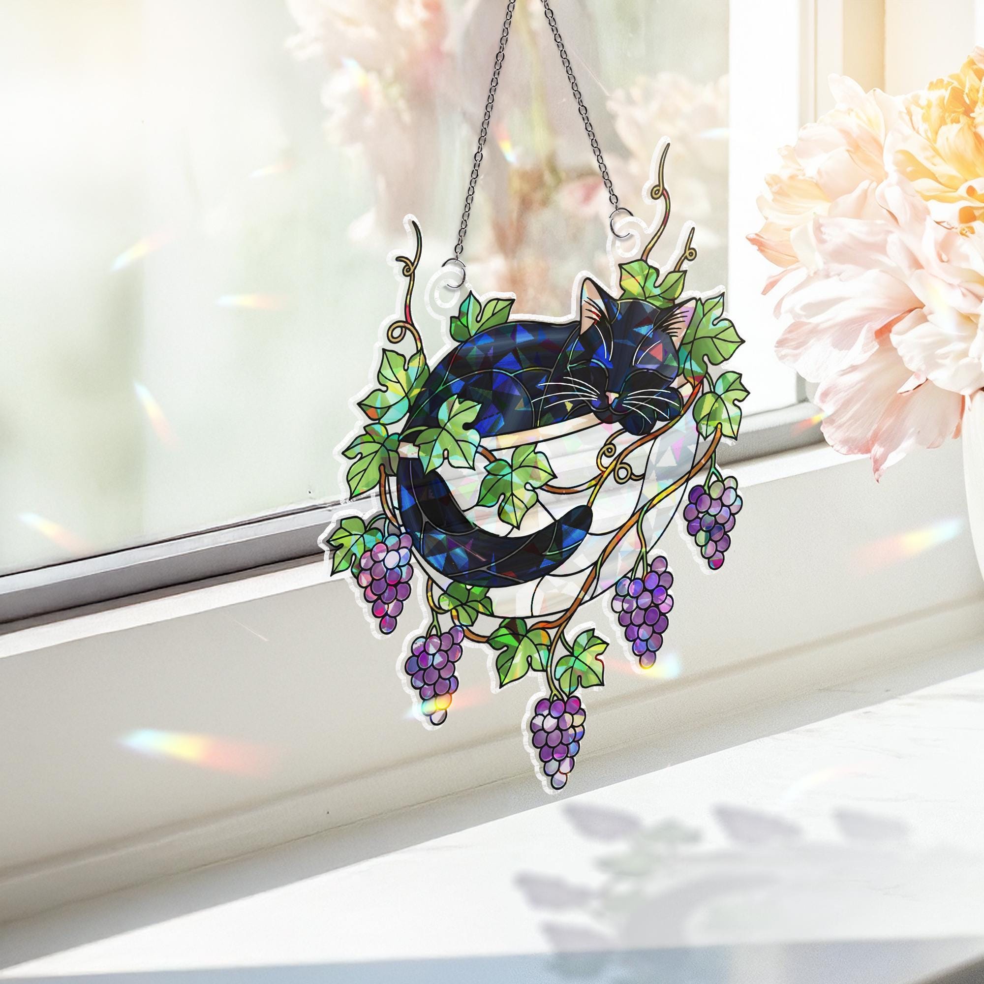 Black Cat Sleeping on Grapes Plants Hologram Ornament | Cat ACRYLIC Window Hanging | Plant Lover Gift, Fruit Plants Decor, Cozy Cat Decor