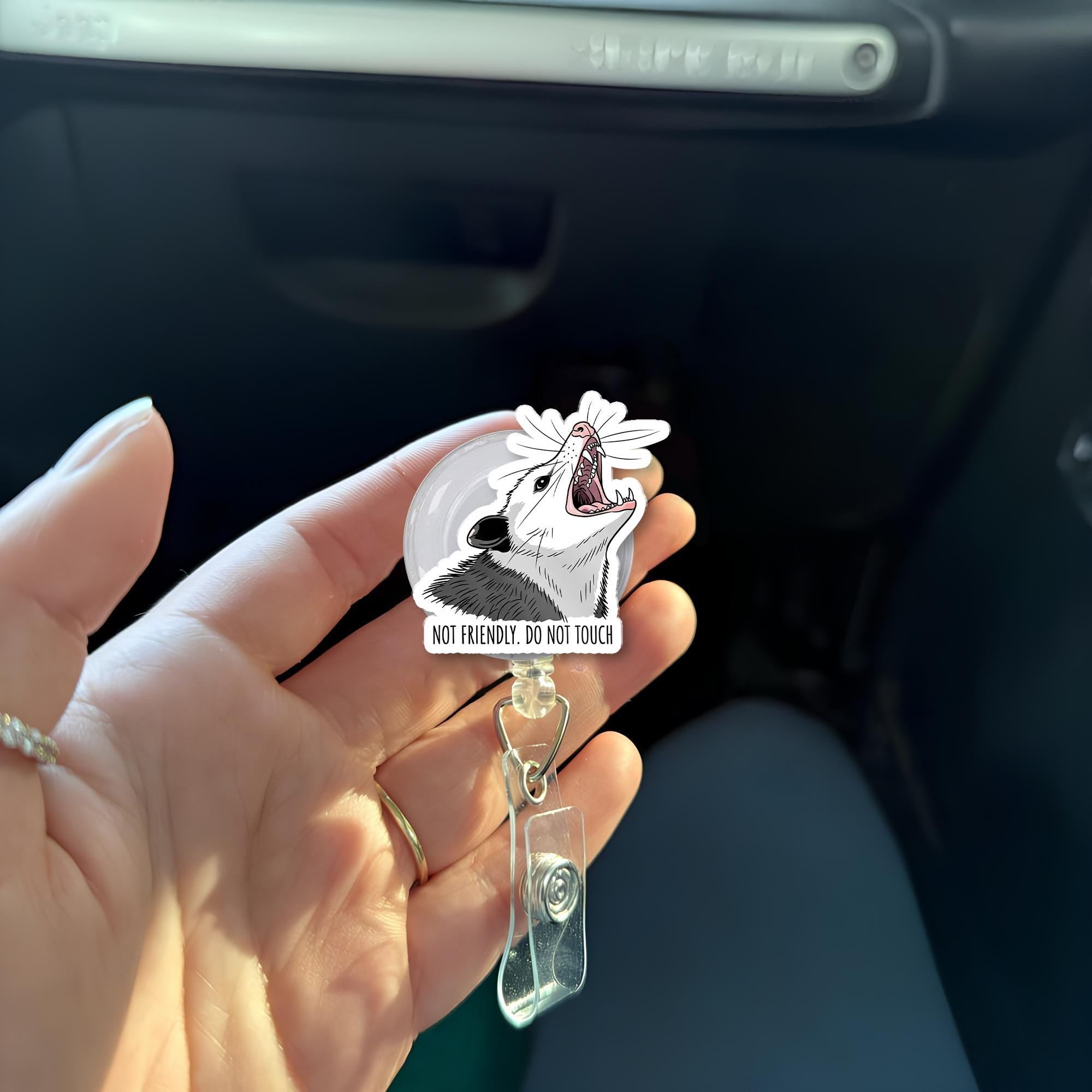 Not Friendly Possum Badge Reel | Funny Animal ID Holder | Do Not Touch Name Tag Clip | Sassy Gift for Nurses, Vets & Introverts