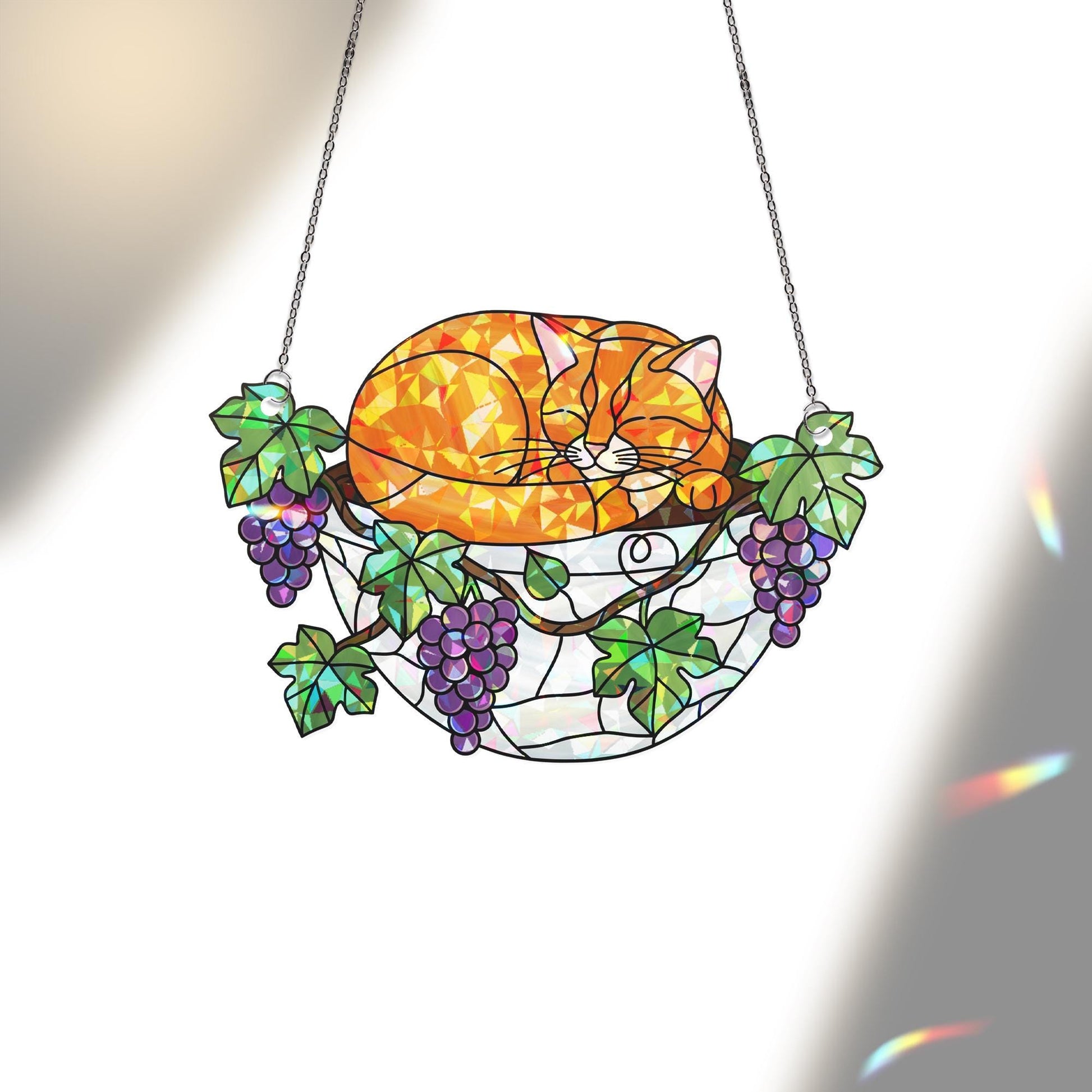 Orange Cat Sleeping on Grapes Plants Hologram Ornament | Cat ACRYLIC Window Hanging | Plant Lover Gift, Fruit Plants Decor, Cozy Cat Decor