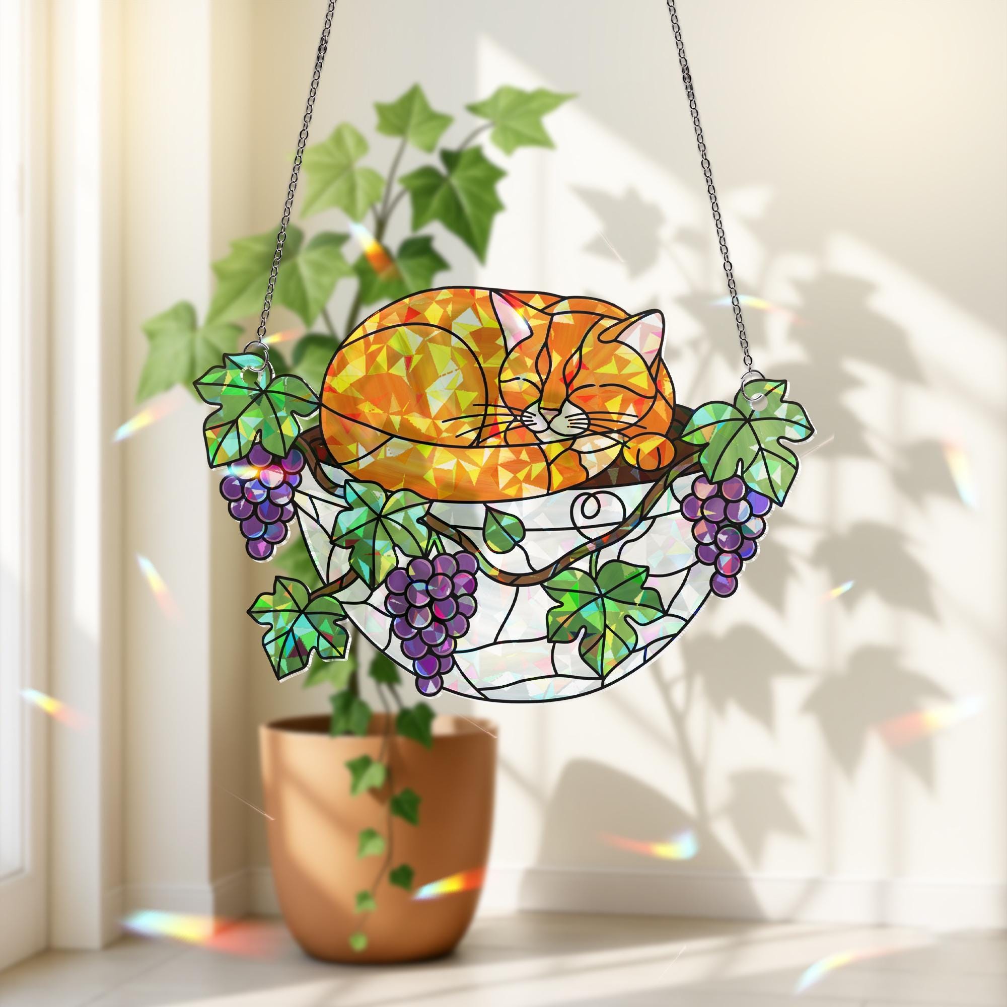 Orange Cat Sleeping on Grapes Plants Hologram Ornament | Cat ACRYLIC Window Hanging | Plant Lover Gift, Fruit Plants Decor, Cozy Cat Decor