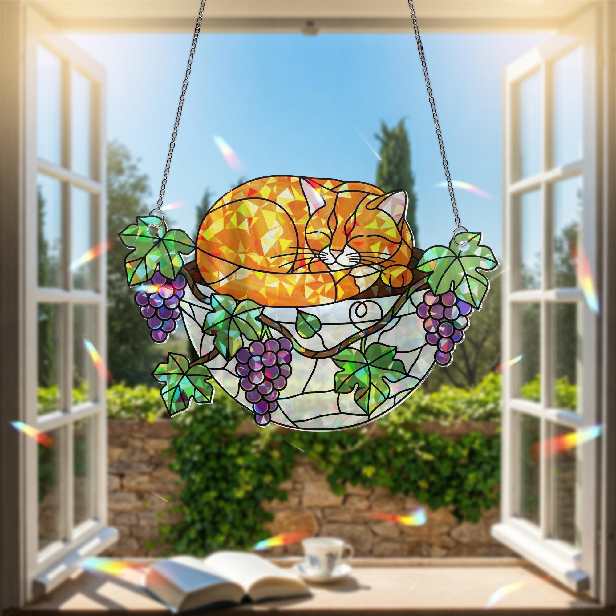Orange Cat Sleeping on Grapes Plants Hologram Ornament | Cat ACRYLIC Window Hanging | Plant Lover Gift, Fruit Plants Decor, Cozy Cat Decor