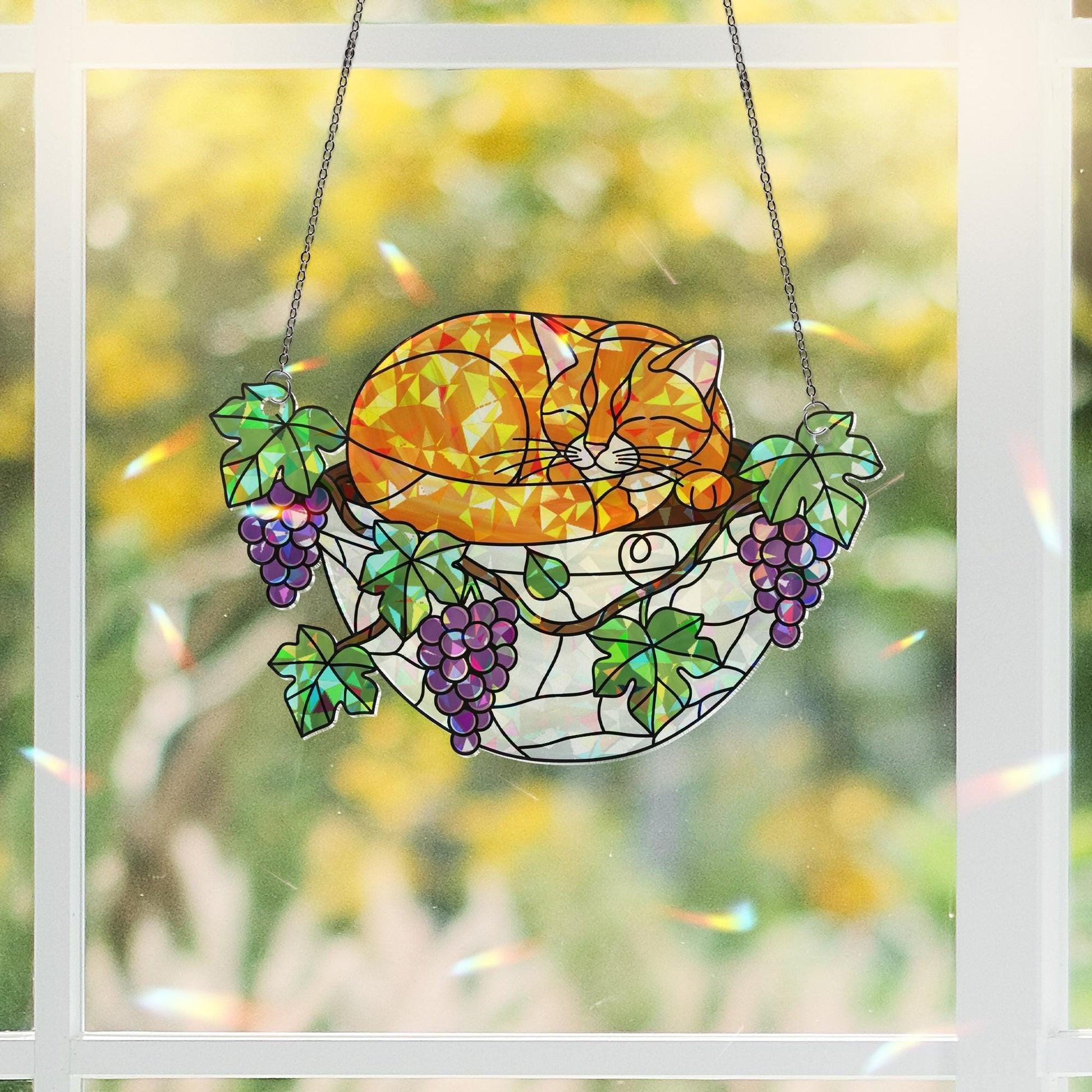 Orange Cat Sleeping on Grapes Plants Hologram Ornament | Cat ACRYLIC Window Hanging | Plant Lover Gift, Fruit Plants Decor, Cozy Cat Decor