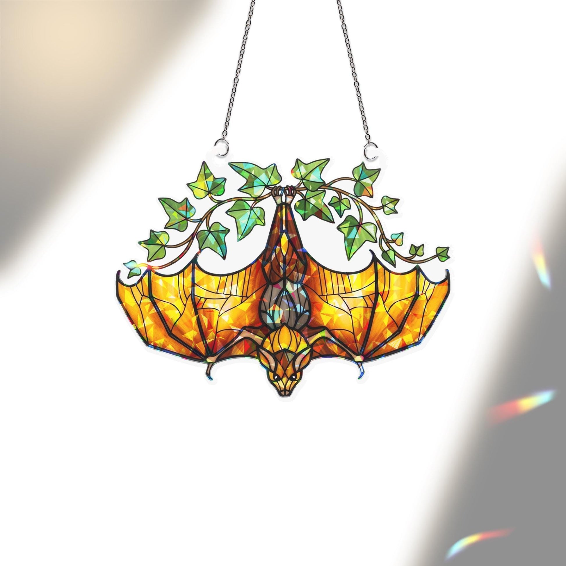 Upside Down Bat Hologram Decor, Ivy Plant Bat Window Decor, Gothic Hologram Acrylic Hanging, Halloween Bat Ornament, Sunlight Catcher