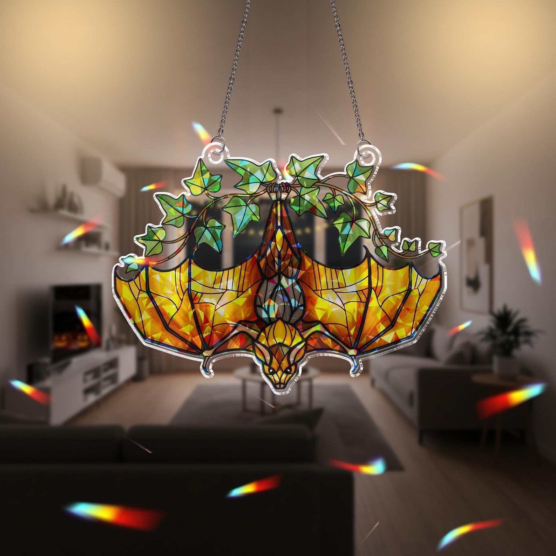 Upside Down Bat Hologram Decor, Ivy Plant Bat Window Decor, Gothic Hologram Acrylic Hanging, Halloween Bat Ornament, Sunlight Catcher