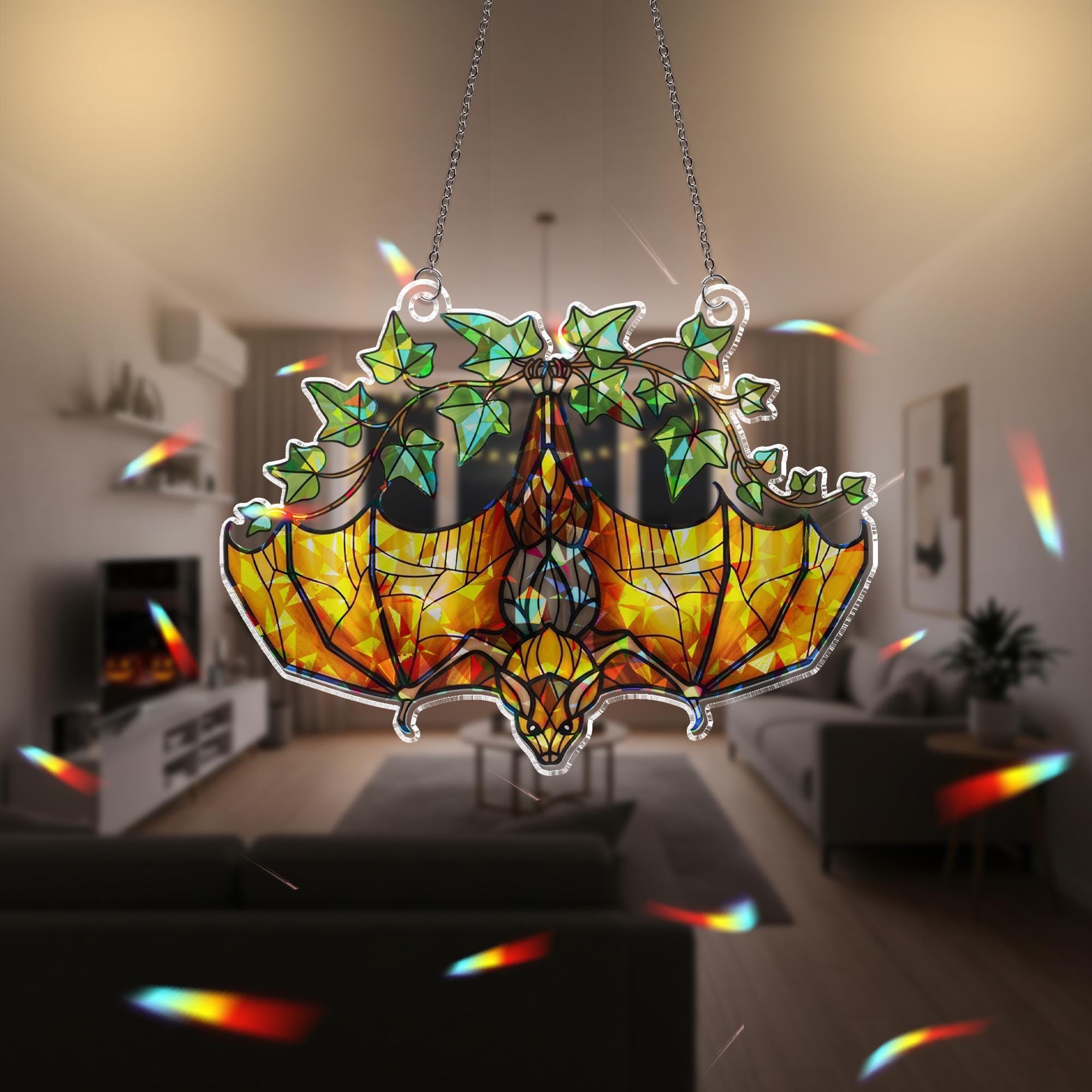 Upside Down Bat Hologram Decor, Ivy Plant Bat Window Decor, Gothic Hologram Acrylic Hanging, Halloween Bat Ornament, Sunlight Catcher