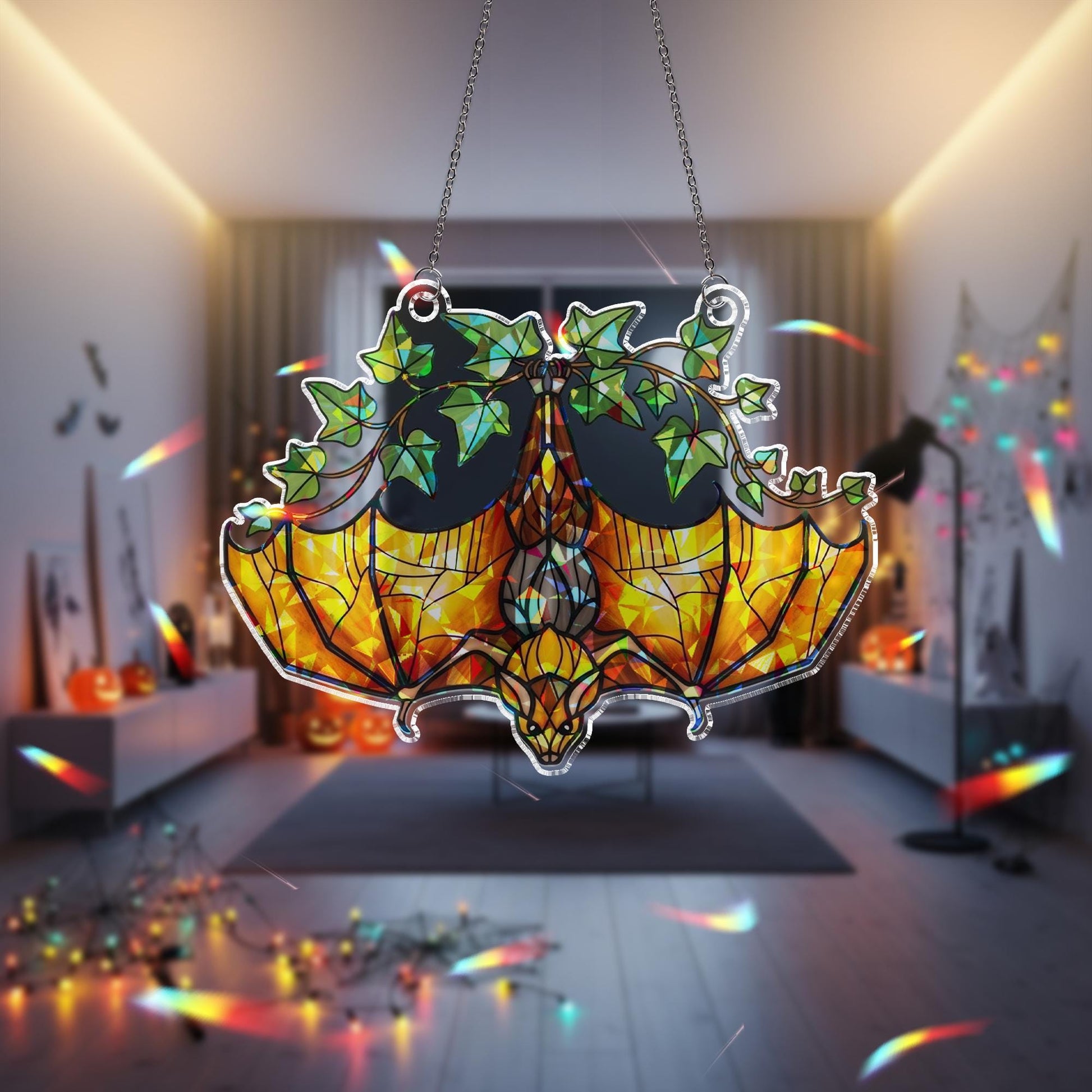 Upside Down Bat Hologram Decor, Ivy Plant Bat Window Decor, Gothic Hologram Acrylic Hanging, Halloween Bat Ornament, Sunlight Catcher