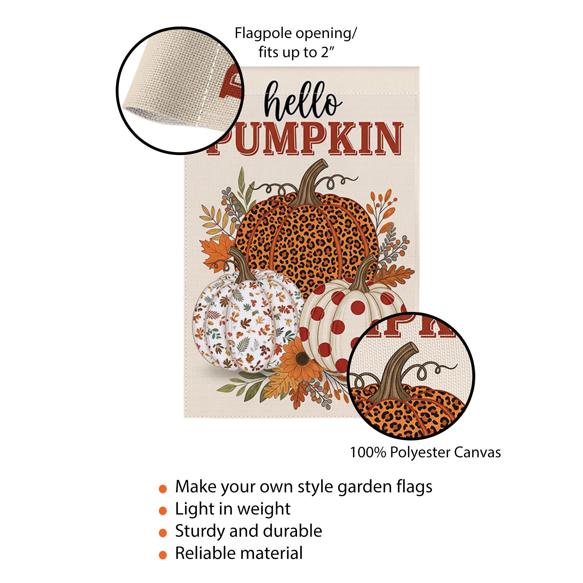 Hello Pumpkin Fall Garden Flag | Leopard, Polka Dot, Leaf Pumpkin Yard Decor | Rustic Autumn Outdoor Sign for Porch or Lawn, Autumn flag