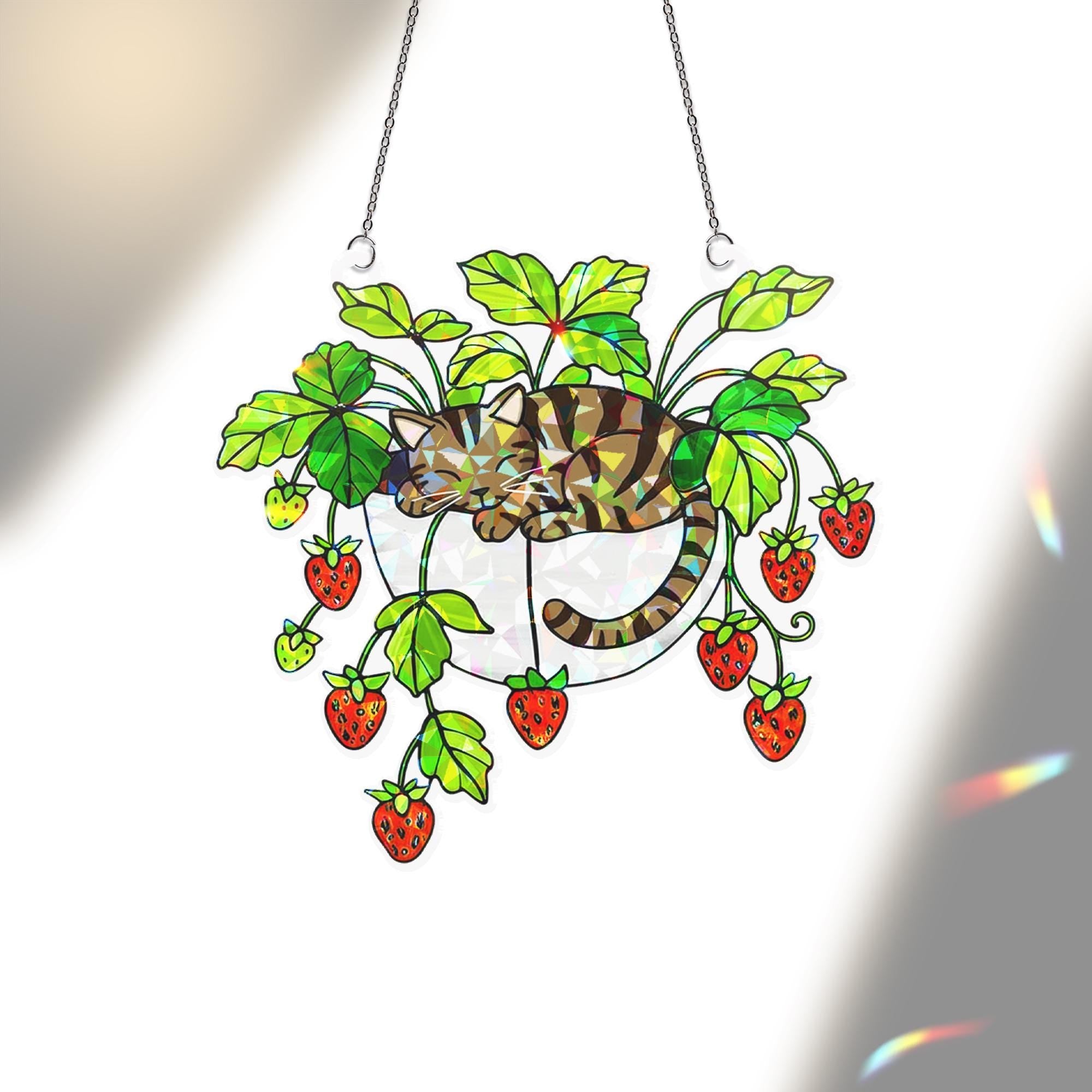 Tabby Cat Strawberry Hologram Ornament, Brown Tabby Cat Sleeping in Strawberry Plant Pot ACRYLIC Window Hanging, Garden Decor Cat Lover