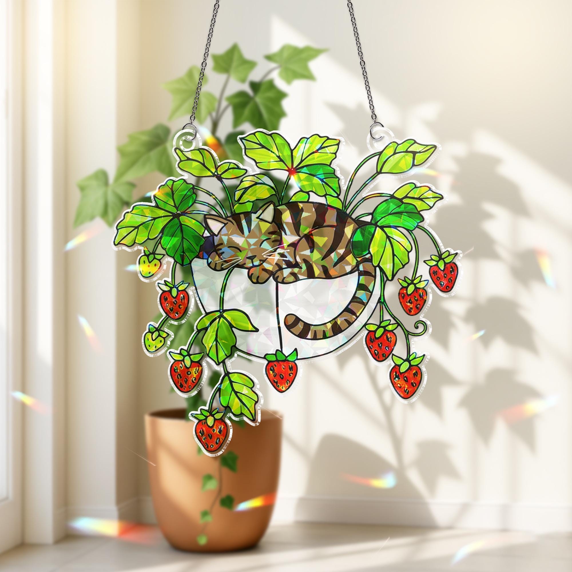 Tabby Cat Strawberry Hologram Ornament, Brown Tabby Cat Sleeping in Strawberry Plant Pot ACRYLIC Window Hanging, Garden Decor Cat Lover