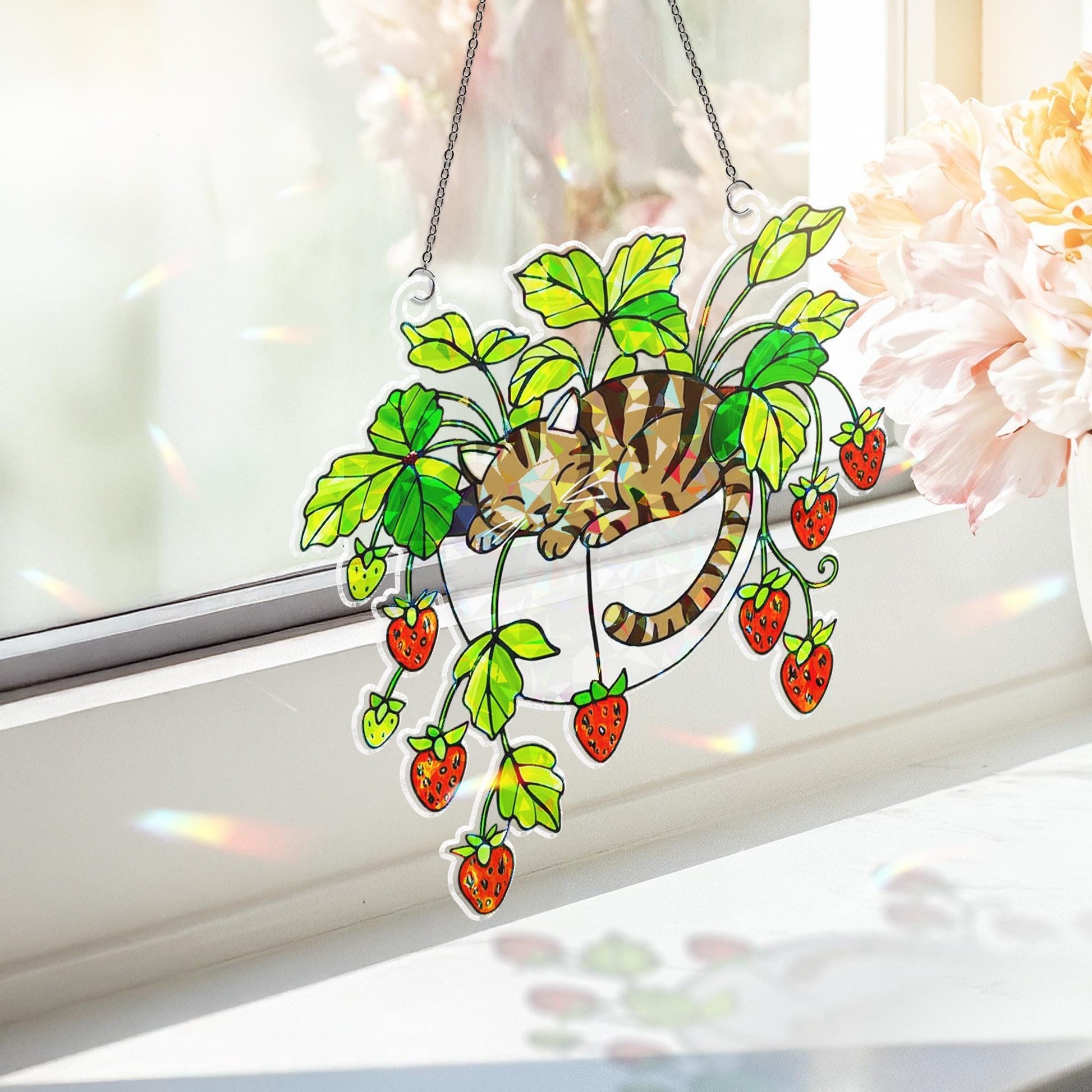 Tabby Cat Strawberry Hologram Ornament, Brown Tabby Cat Sleeping in Strawberry Plant Pot ACRYLIC Window Hanging, Garden Decor Cat Lover