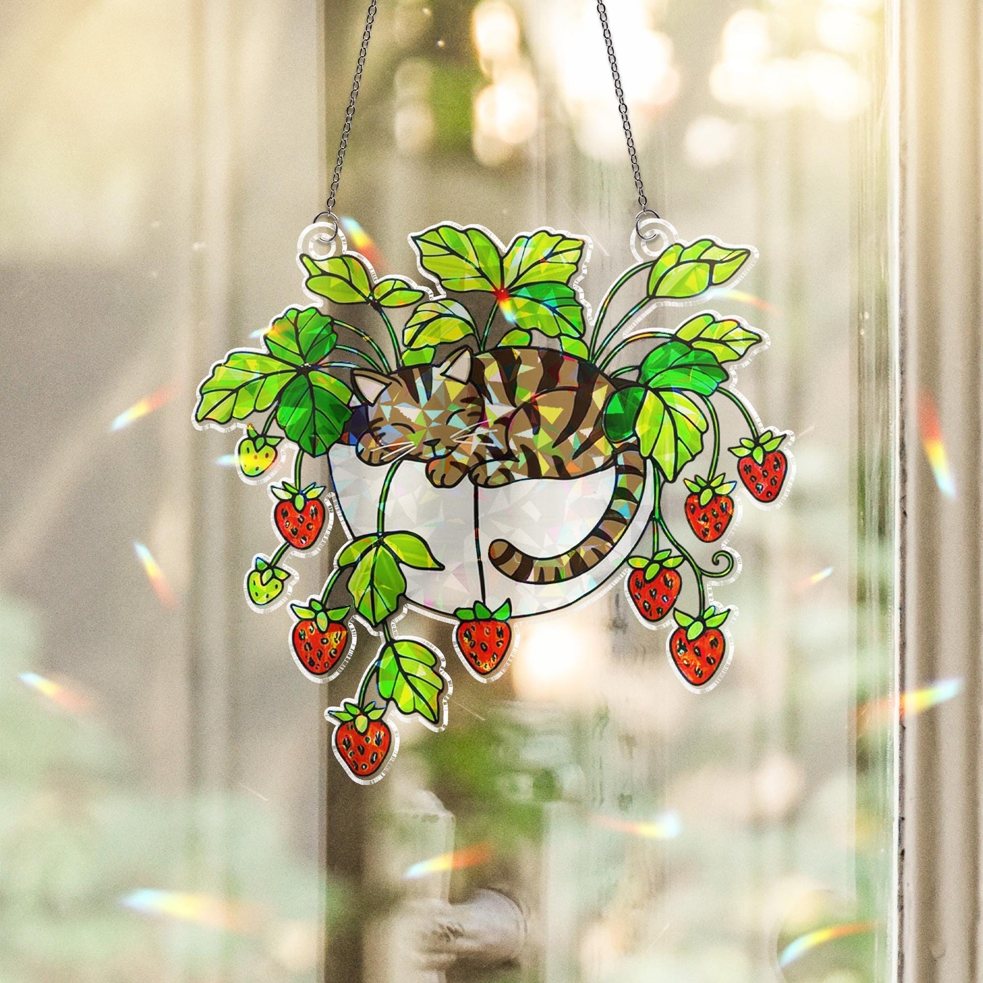 Tabby Cat Strawberry Hologram Ornament, Brown Tabby Cat Sleeping in Strawberry Plant Pot ACRYLIC Window Hanging, Garden Decor Cat Lover