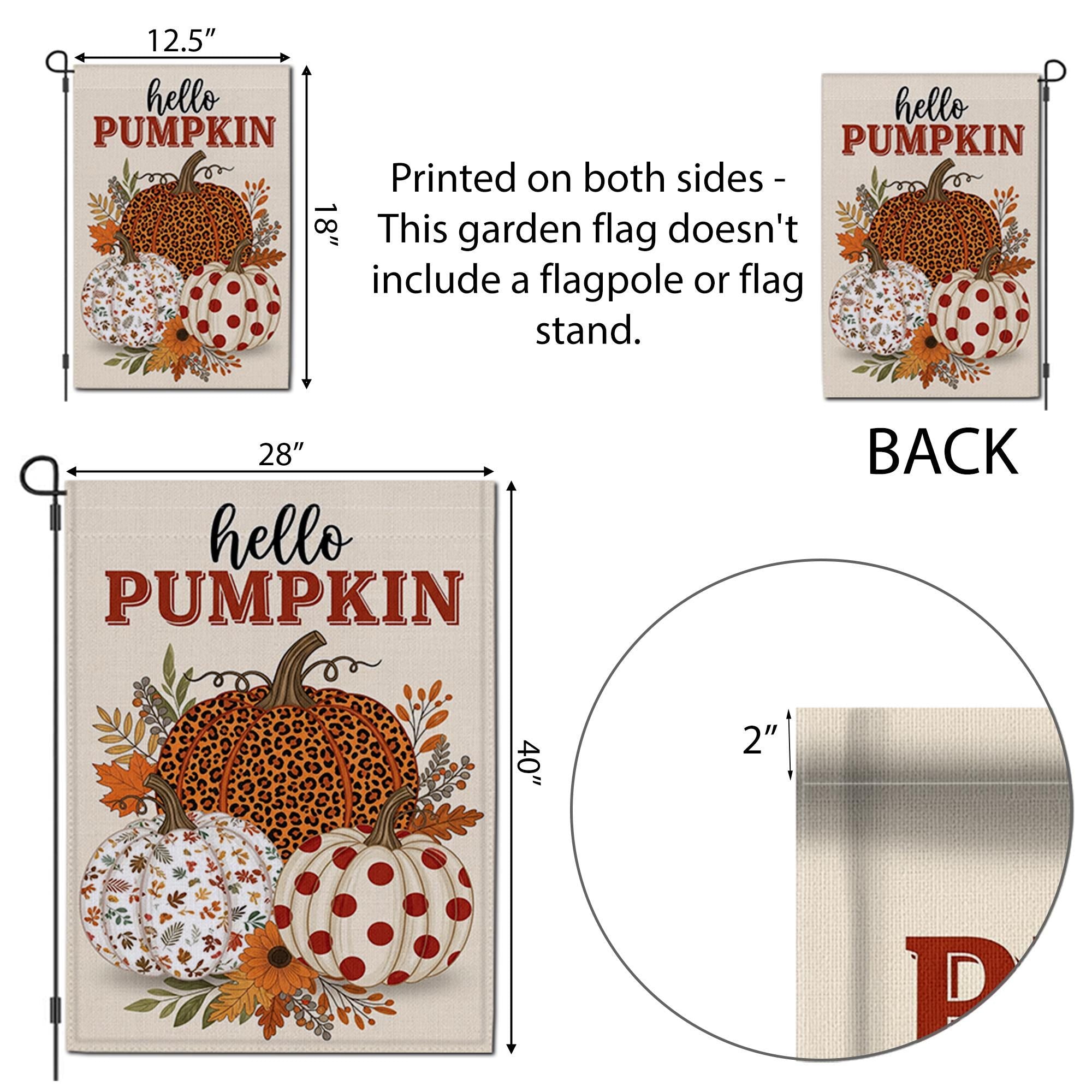 Hello Pumpkin Fall Garden Flag | Leopard, Polka Dot, Leaf Pumpkin Yard Decor | Rustic Autumn Outdoor Sign for Porch or Lawn, Autumn flag