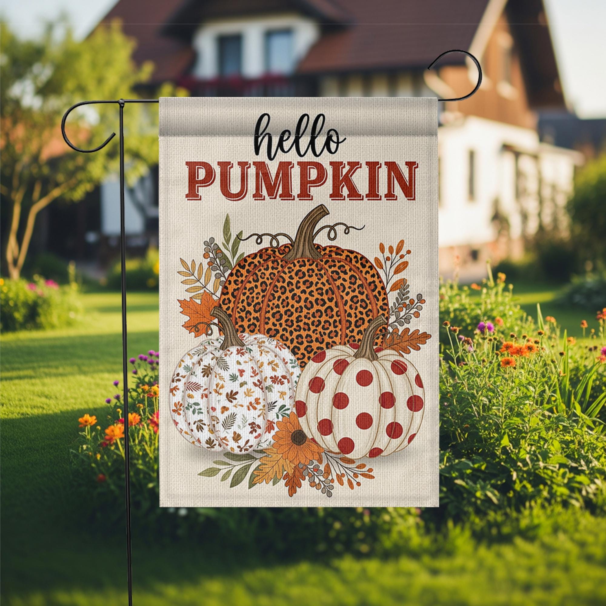 Hello Pumpkin Fall Garden Flag | Leopard, Polka Dot, Leaf Pumpkin Yard Decor | Rustic Autumn Outdoor Sign for Porch or Lawn, Autumn flag