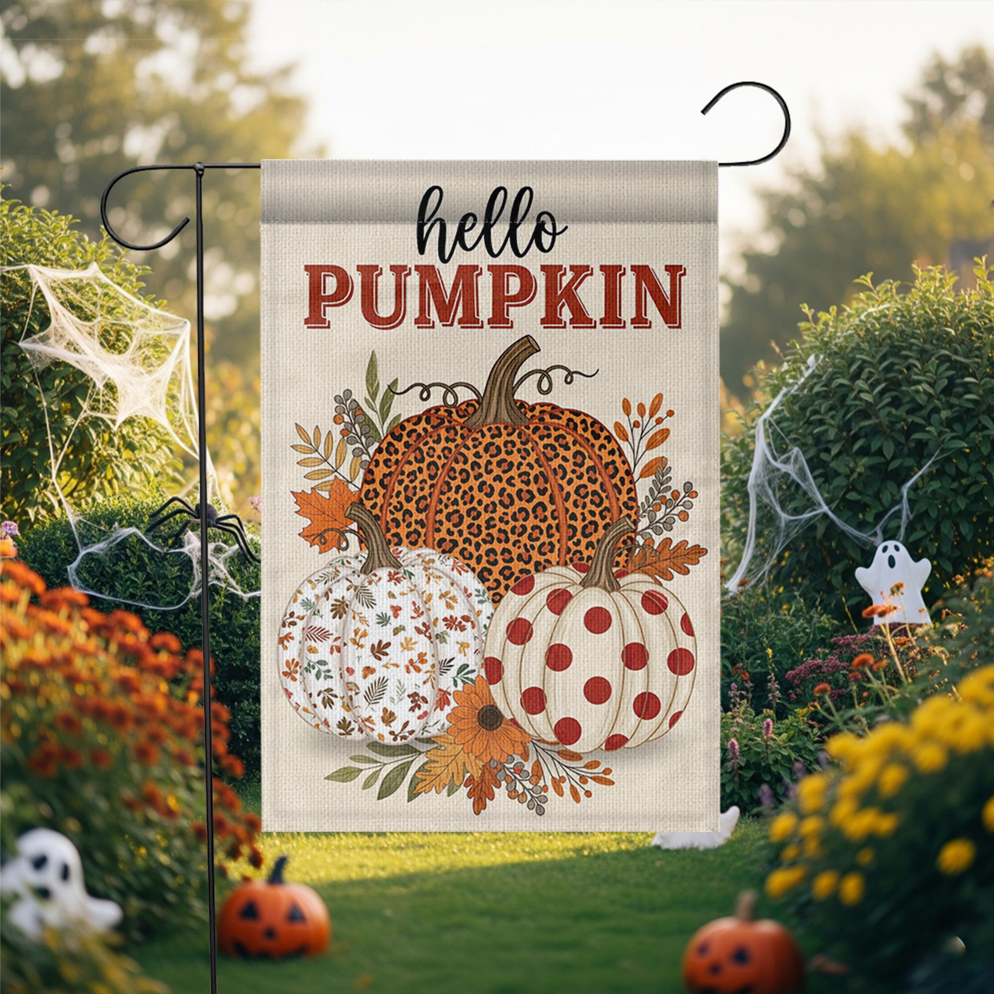 Hello Pumpkin Fall Garden Flag | Leopard, Polka Dot, Leaf Pumpkin Yard Decor | Rustic Autumn Outdoor Sign for Porch or Lawn, Autumn flag