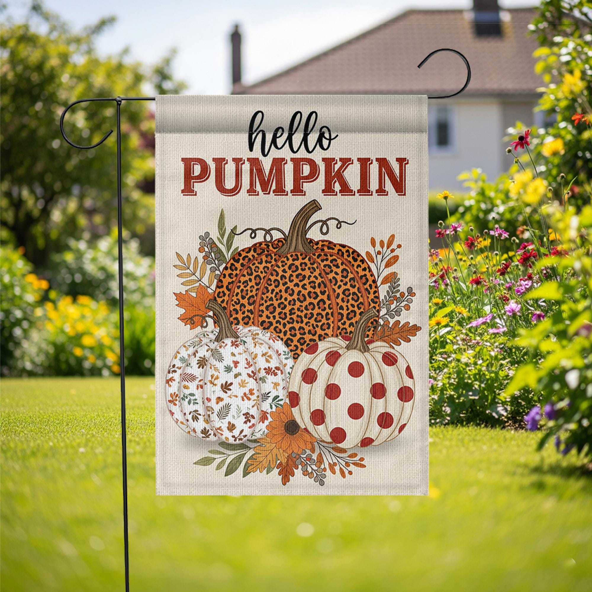Hello Pumpkin Fall Garden Flag | Leopard, Polka Dot, Leaf Pumpkin Yard Decor | Rustic Autumn Outdoor Sign for Porch or Lawn, Autumn flag