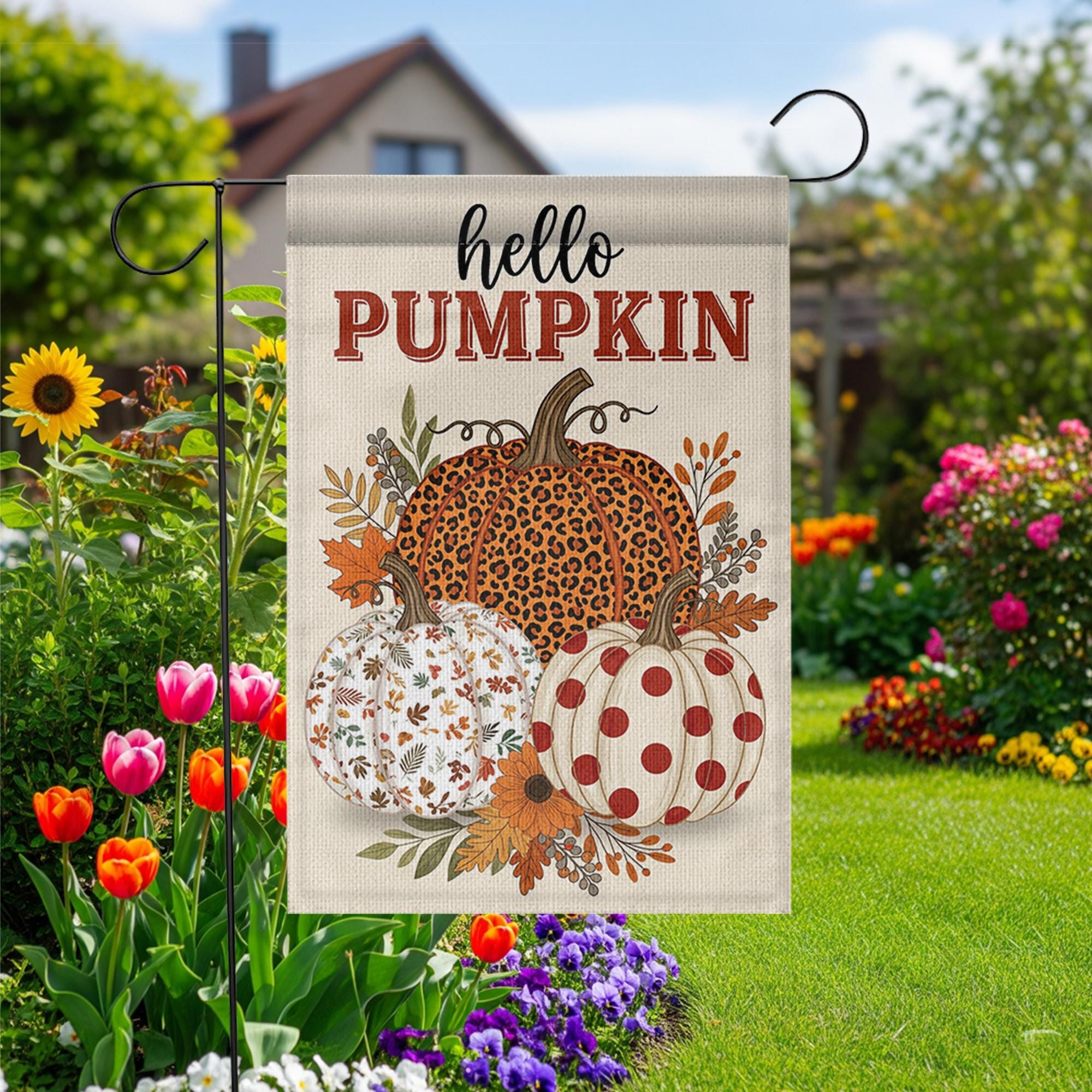Hello Pumpkin Fall Garden Flag | Leopard, Polka Dot, Leaf Pumpkin Yard Decor | Rustic Autumn Outdoor Sign for Porch or Lawn, Autumn flag