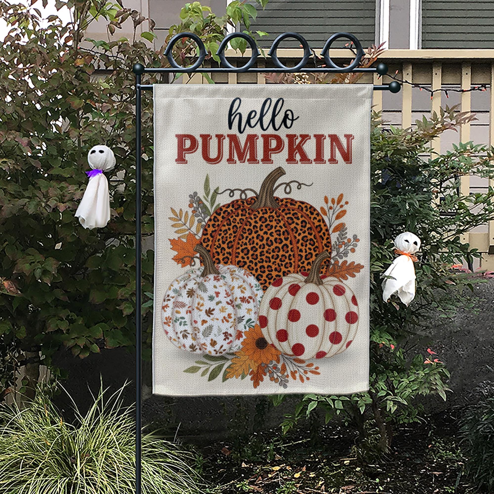 Hello Pumpkin Fall Garden Flag | Leopard, Polka Dot, Leaf Pumpkin Yard Decor | Rustic Autumn Outdoor Sign for Porch or Lawn, Autumn flag