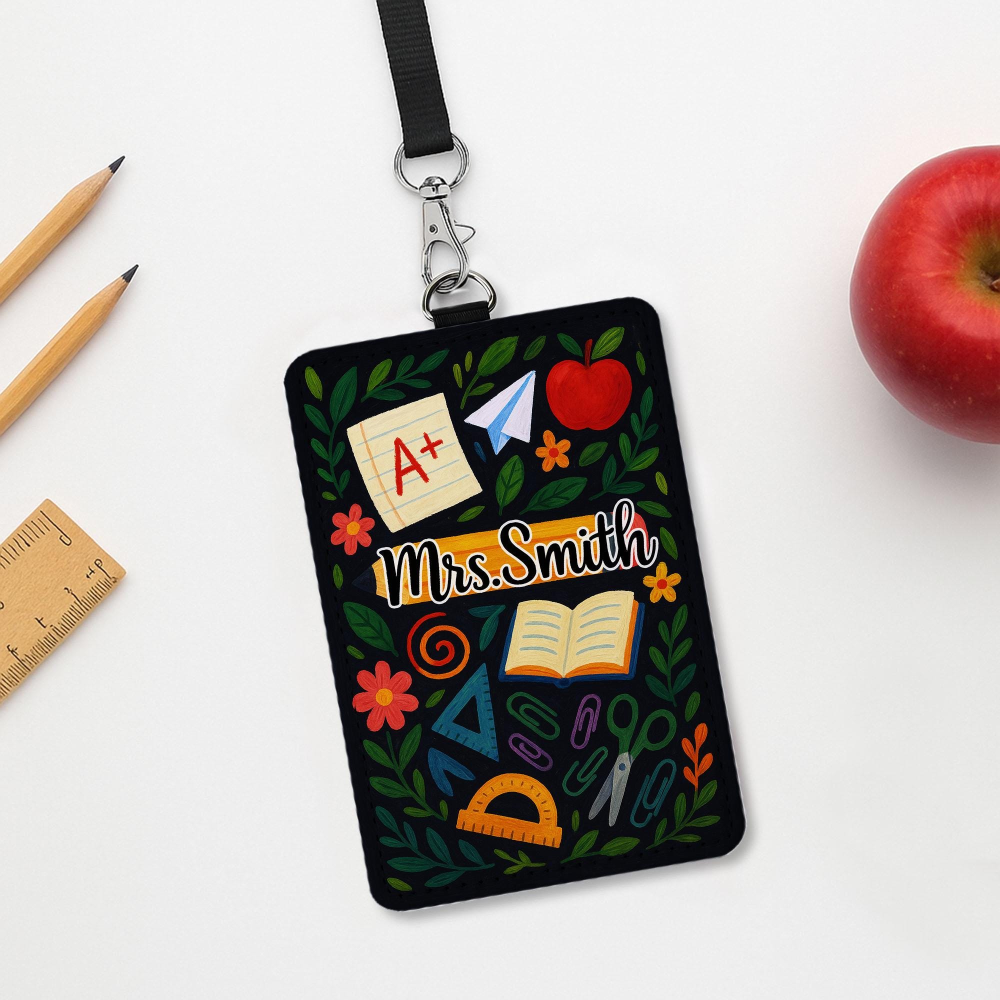 Teacher ID Badge Holder, Personalized Name Tag, Cute Floral School Lanyard, Custom Teacher Gift, Back to School Accessory, Cute Badge Holder