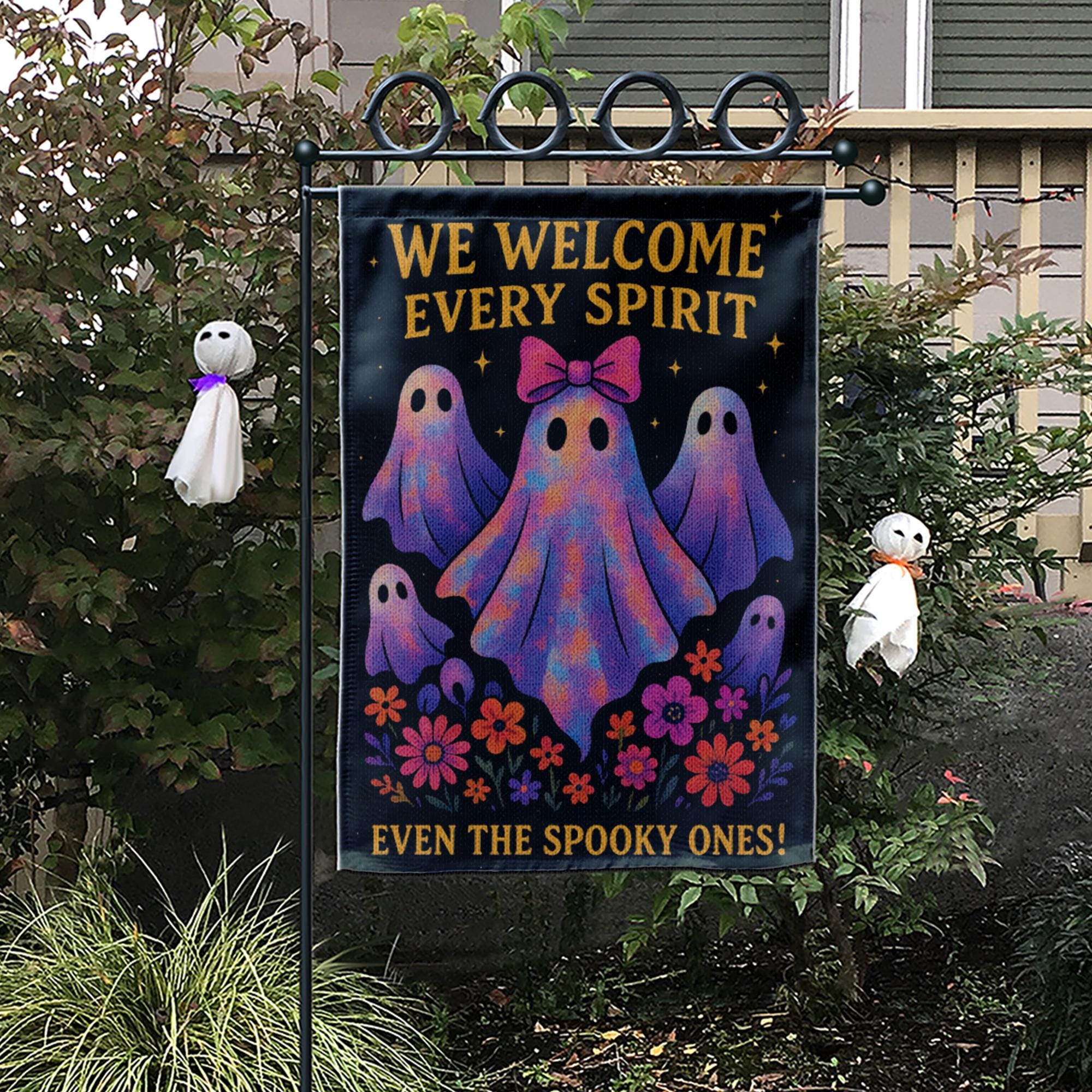 We Welcome Every Spirit Garden Flag, Cute Halloween Ghost Yard Decor, Inclusive Fall Porch Flag, Spooky Season Outdoor Banner