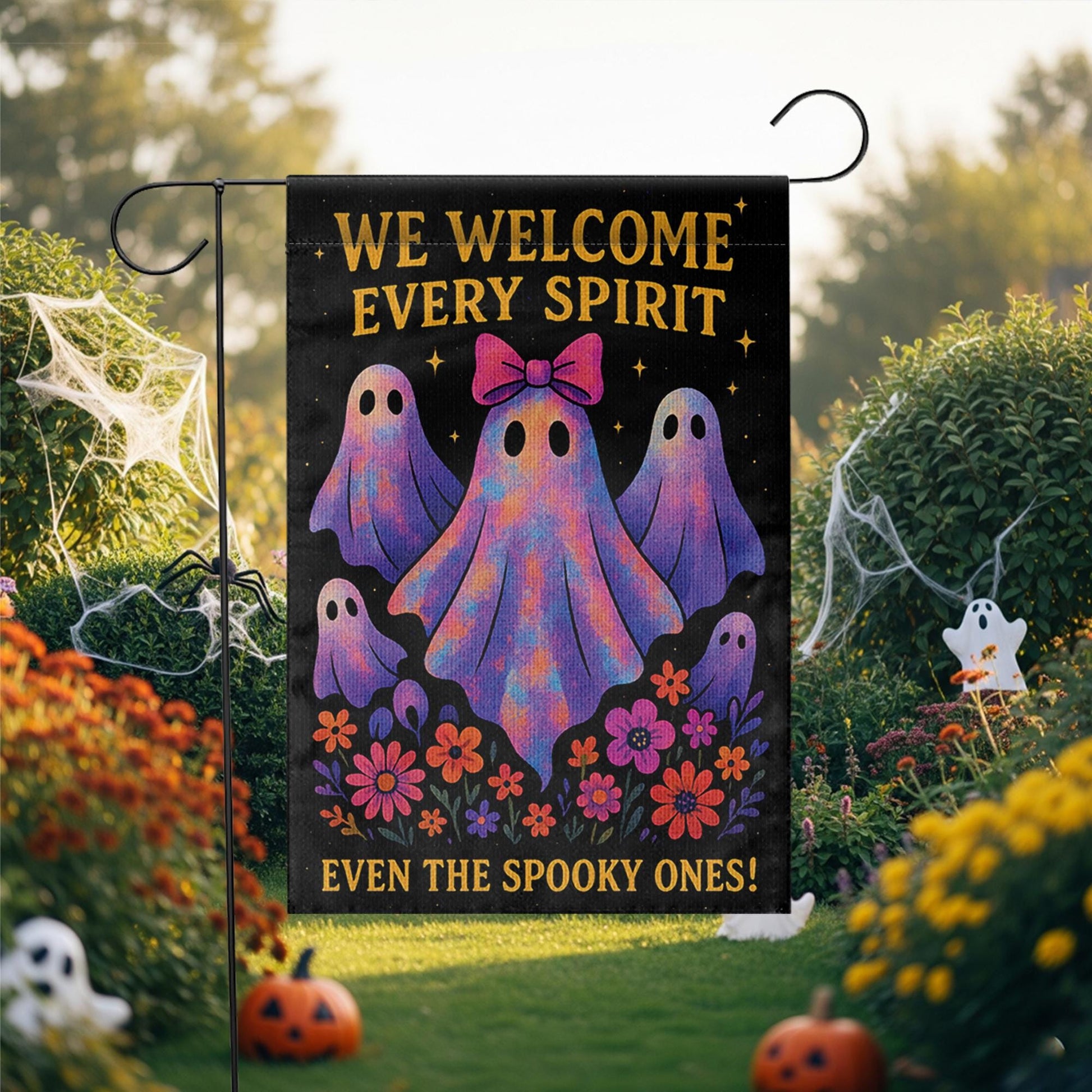 We Welcome Every Spirit Garden Flag, Cute Halloween Ghost Yard Decor, Inclusive Fall Porch Flag, Spooky Season Outdoor Banner