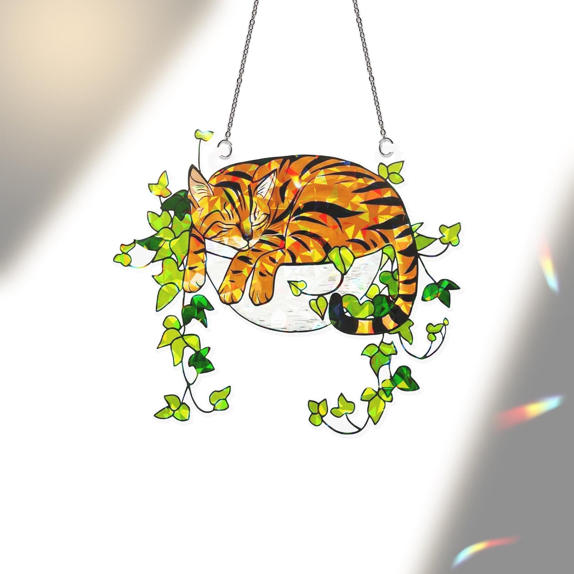 Bengal Cat Sleeping on Ivy Hologram Ornament | Cat ACRYLIC Window Hanging | Plant Lover Gift, Ivy Plants Decor, Cozy Cat Decor, Gift For Mom