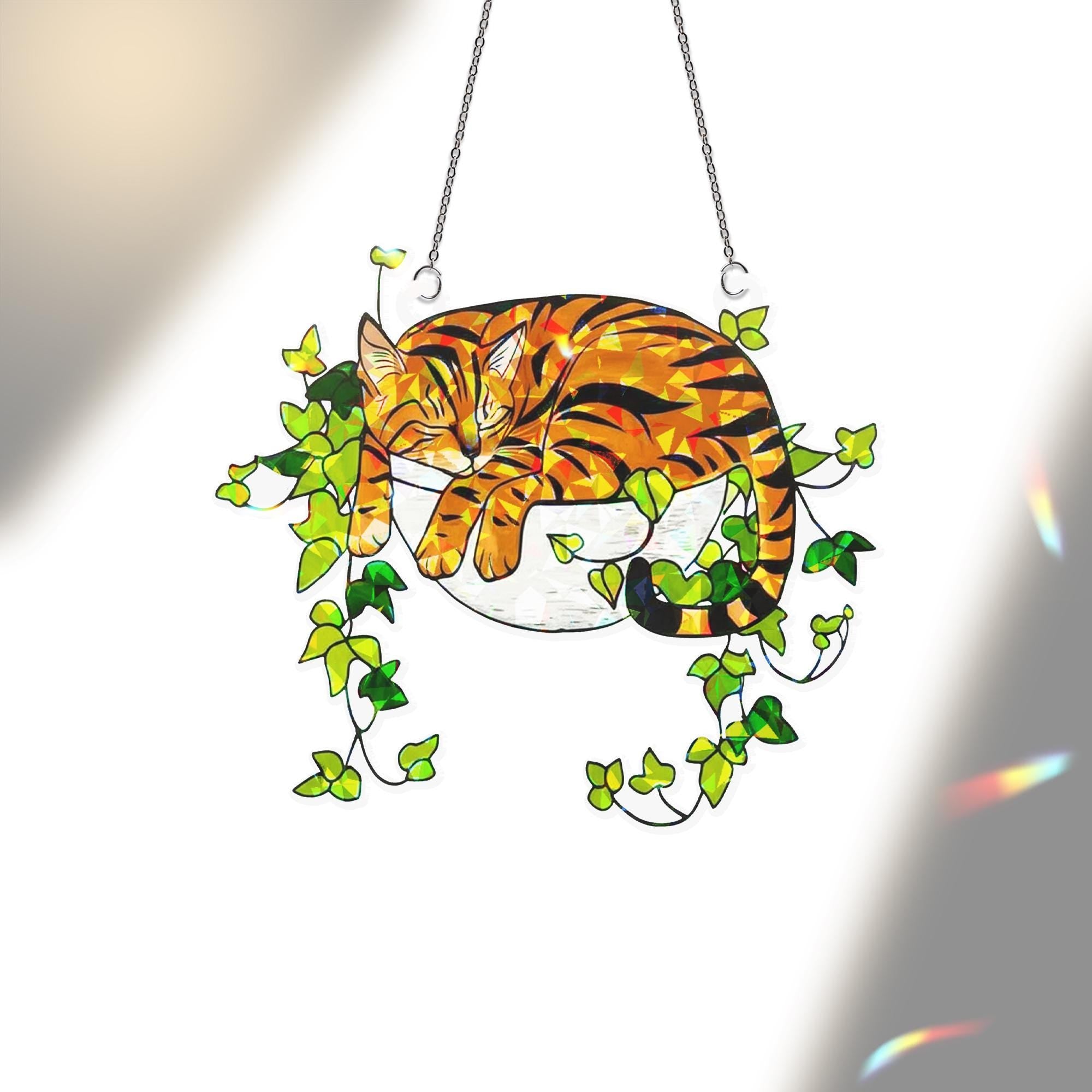 Bengal Cat Sleeping on Ivy Hologram Ornament | Cat ACRYLIC Window Hanging | Plant Lover Gift, Ivy Plants Decor, Cozy Cat Decor, Gift For Mom