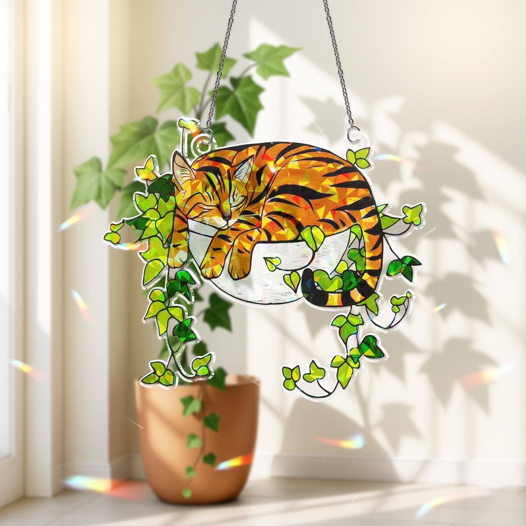 Bengal Cat Sleeping on Ivy Hologram Ornament | Cat ACRYLIC Window Hanging | Plant Lover Gift, Ivy Plants Decor, Cozy Cat Decor, Gift For Mom