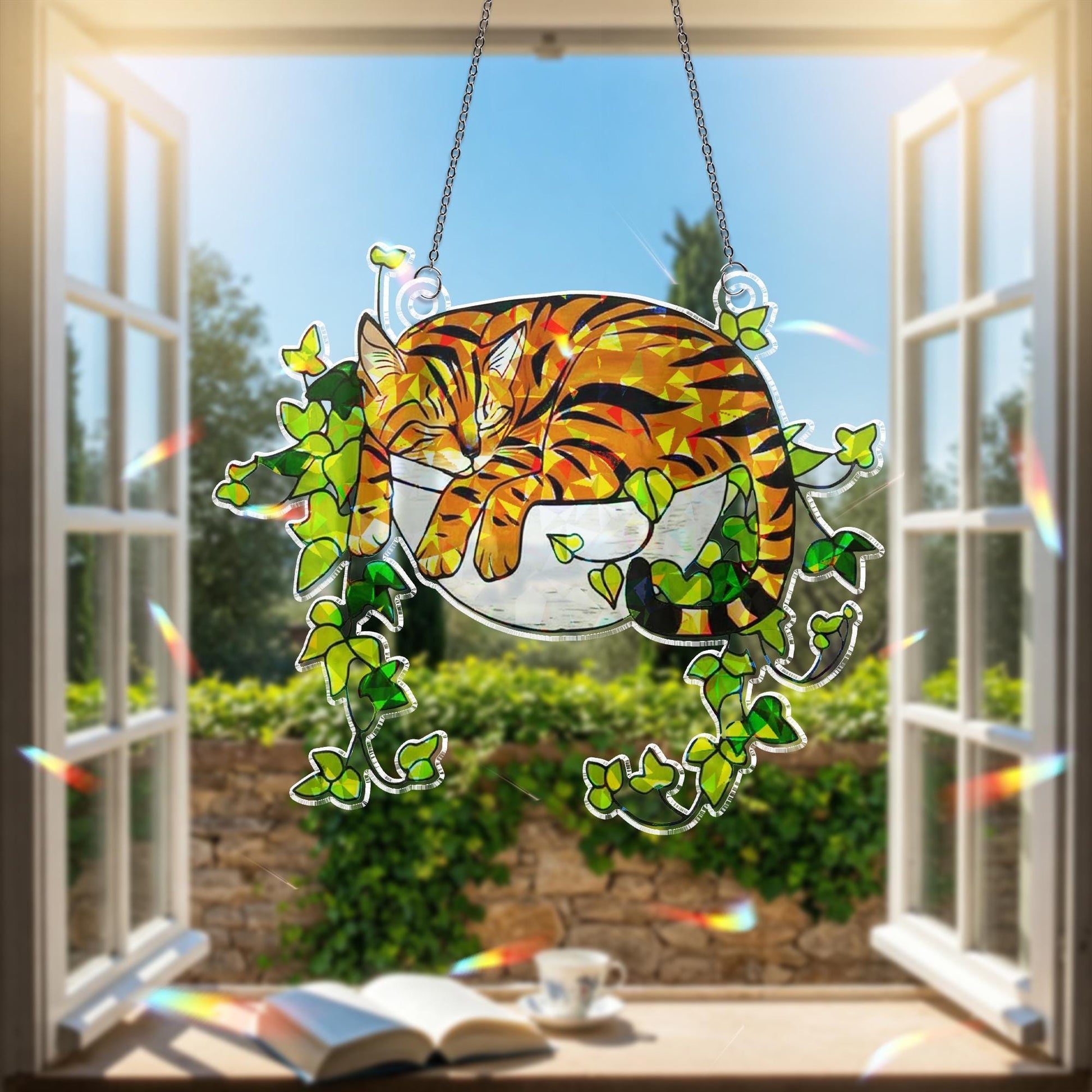 Bengal Cat Sleeping on Ivy Hologram Ornament | Cat ACRYLIC Window Hanging | Plant Lover Gift, Ivy Plants Decor, Cozy Cat Decor, Gift For Mom