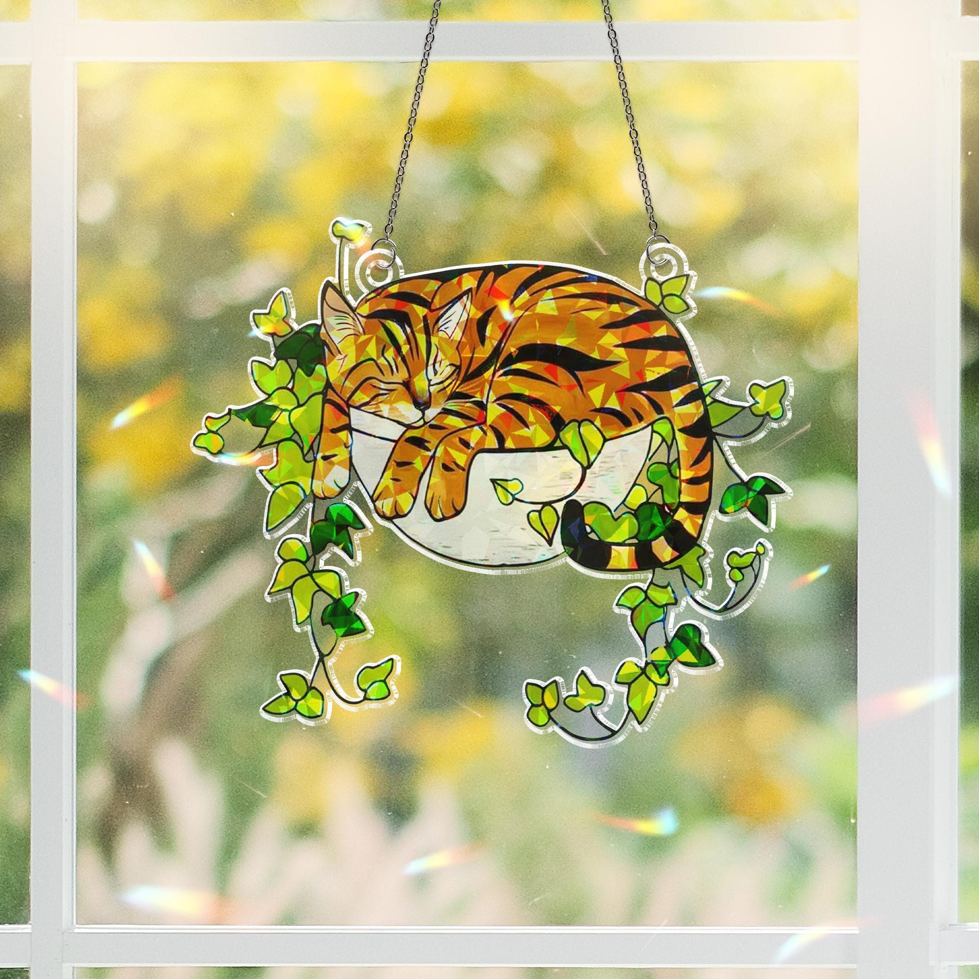 Bengal Cat Sleeping on Ivy Hologram Ornament | Cat ACRYLIC Window Hanging | Plant Lover Gift, Ivy Plants Decor, Cozy Cat Decor, Gift For Mom