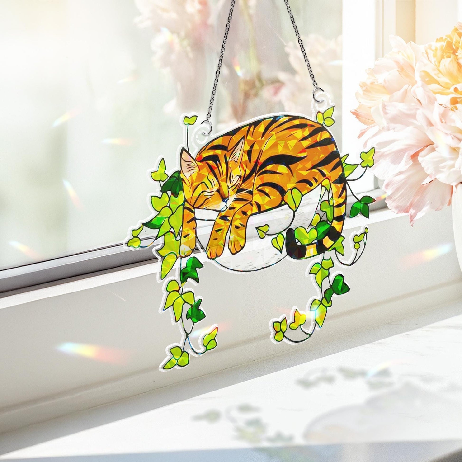 Bengal Cat Sleeping on Ivy Hologram Ornament | Cat ACRYLIC Window Hanging | Plant Lover Gift, Ivy Plants Decor, Cozy Cat Decor, Gift For Mom