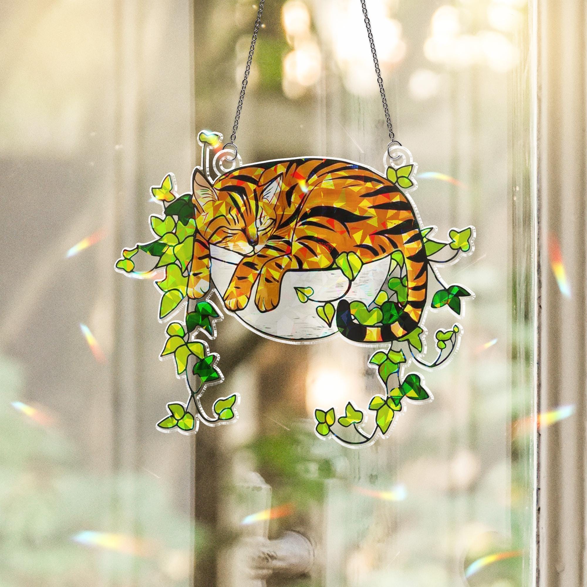 Bengal Cat Sleeping on Ivy Hologram Ornament | Cat ACRYLIC Window Hanging | Plant Lover Gift, Ivy Plants Decor, Cozy Cat Decor, Gift For Mom