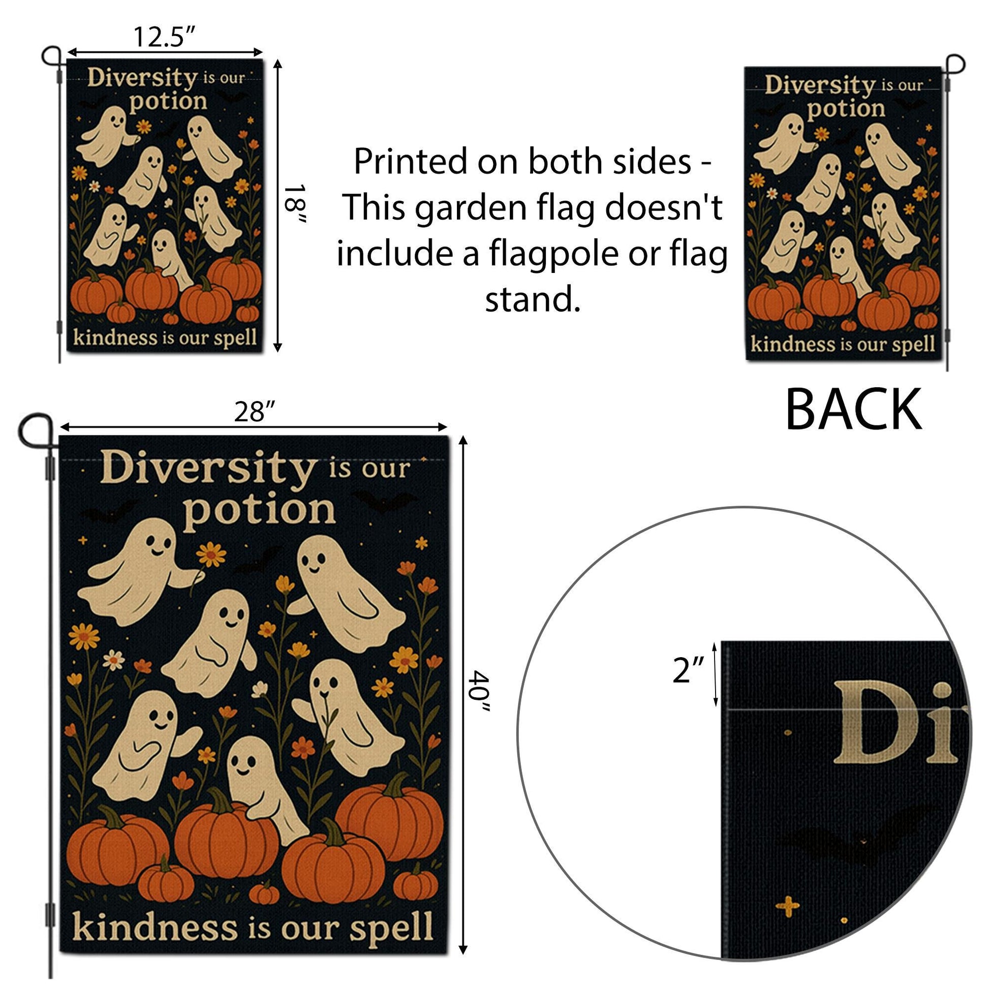 Diversity Is Our Potion Garden Flag, Inclusive Halloween Yard Decor, Ghost Pumpkin Fall Flag, Kindness Spell Outdoor Banner