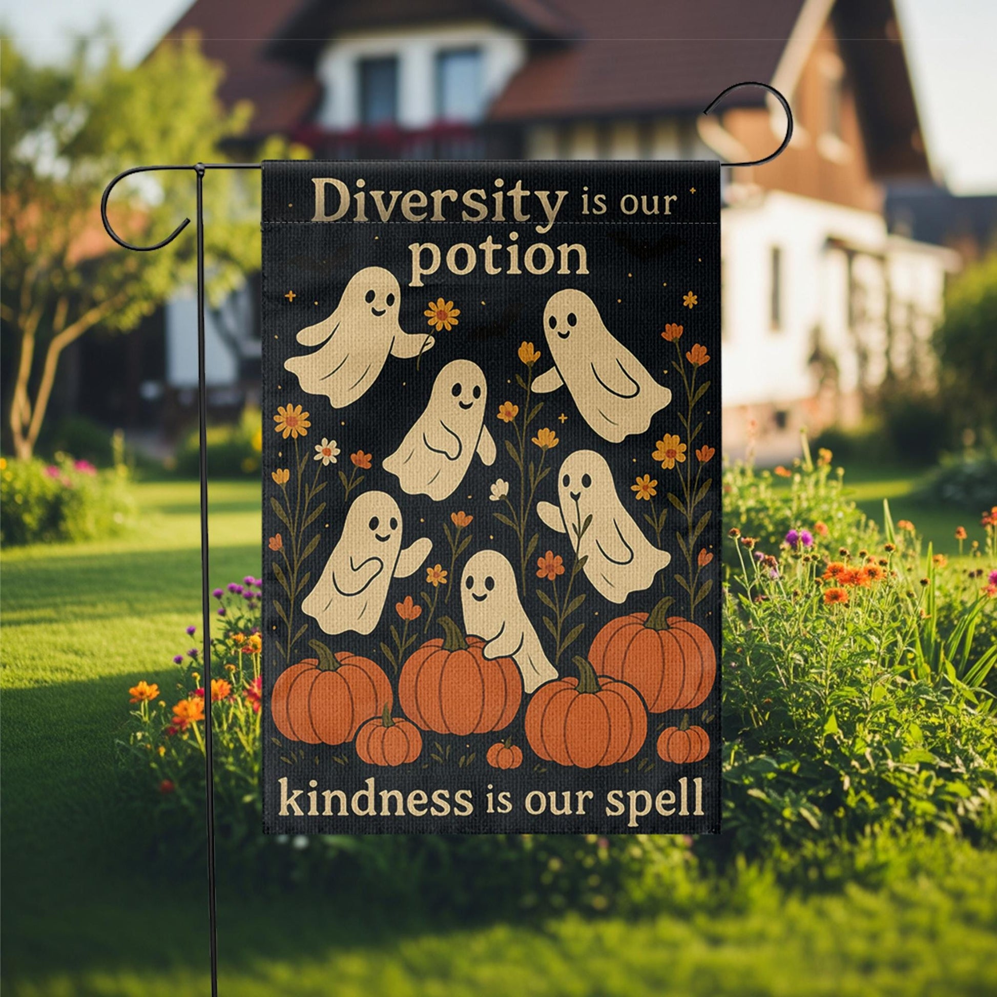 Diversity Is Our Potion Garden Flag, Inclusive Halloween Yard Decor, Ghost Pumpkin Fall Flag, Kindness Spell Outdoor Banner