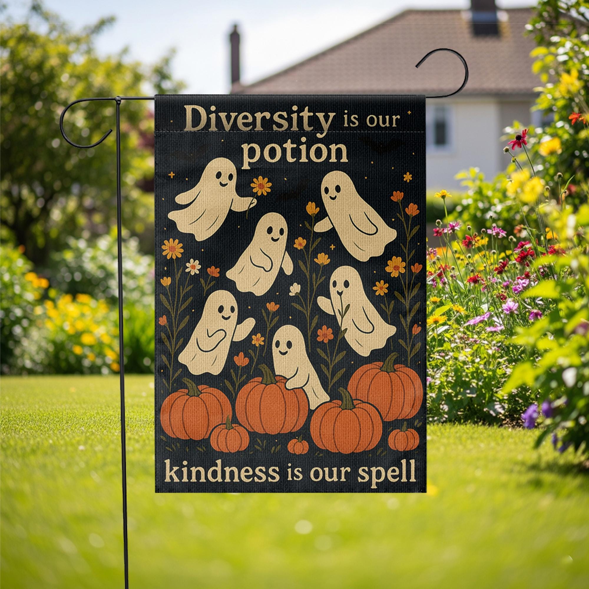 Diversity Is Our Potion Garden Flag, Inclusive Halloween Yard Decor, Ghost Pumpkin Fall Flag, Kindness Spell Outdoor Banner