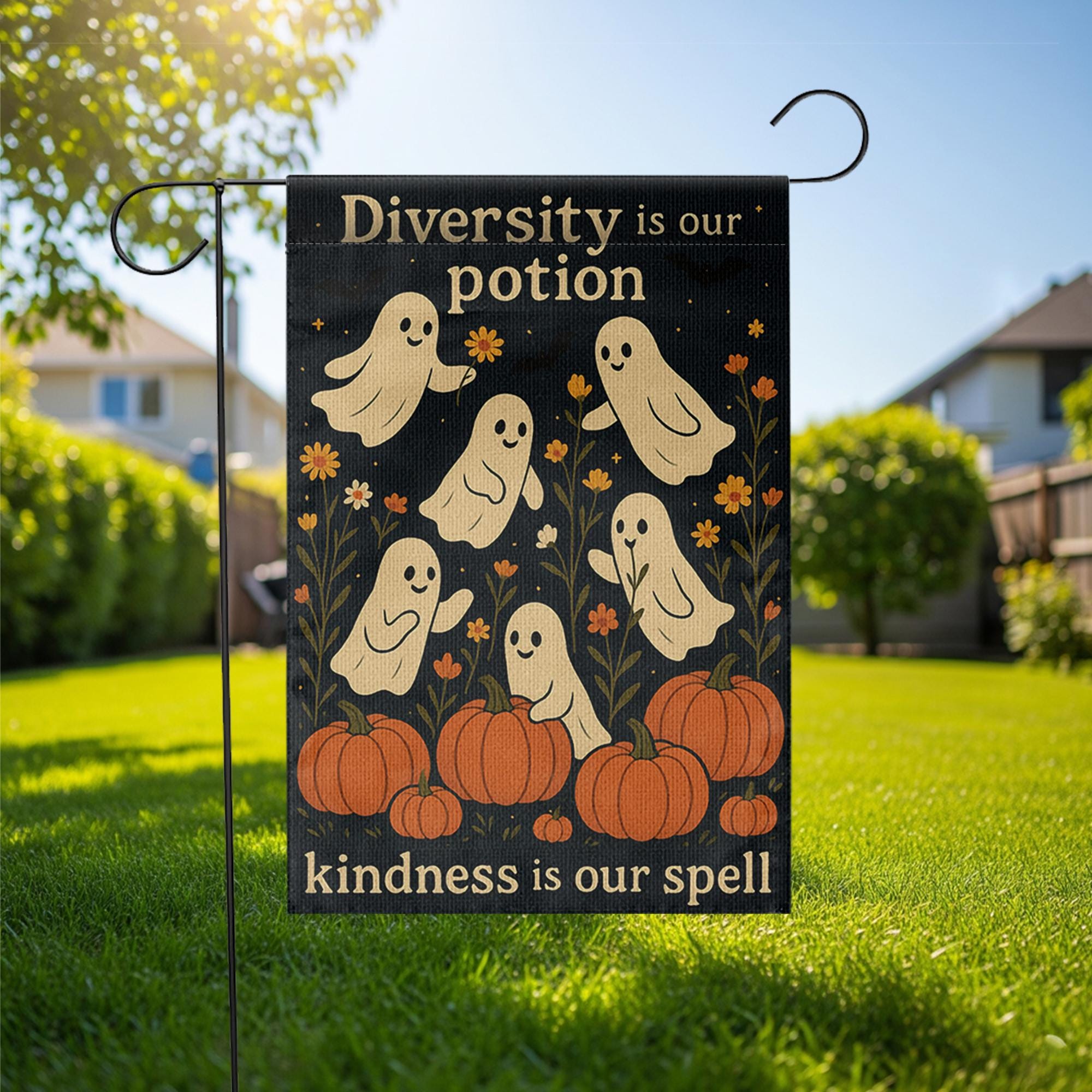 Diversity Is Our Potion Garden Flag, Inclusive Halloween Yard Decor, Ghost Pumpkin Fall Flag, Kindness Spell Outdoor Banner