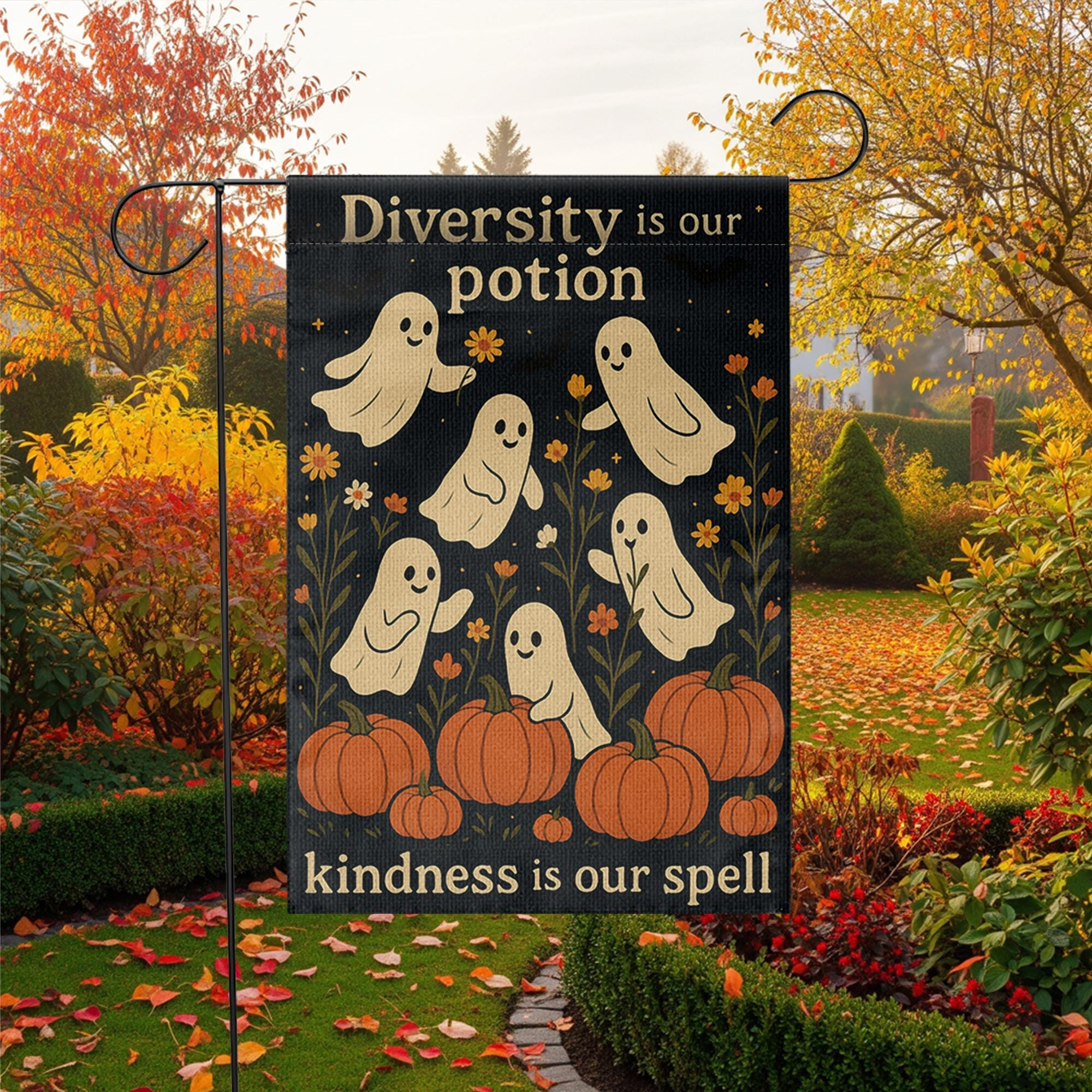 Diversity Is Our Potion Garden Flag, Inclusive Halloween Yard Decor, Ghost Pumpkin Fall Flag, Kindness Spell Outdoor Banner