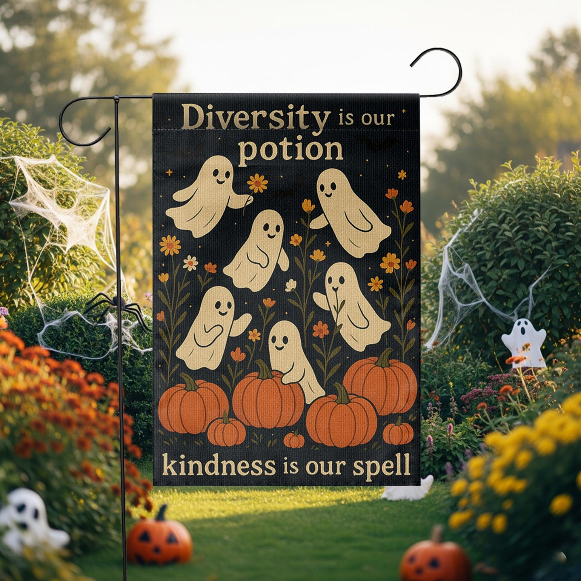 Diversity Is Our Potion Garden Flag, Inclusive Halloween Yard Decor, Ghost Pumpkin Fall Flag, Kindness Spell Outdoor Banner