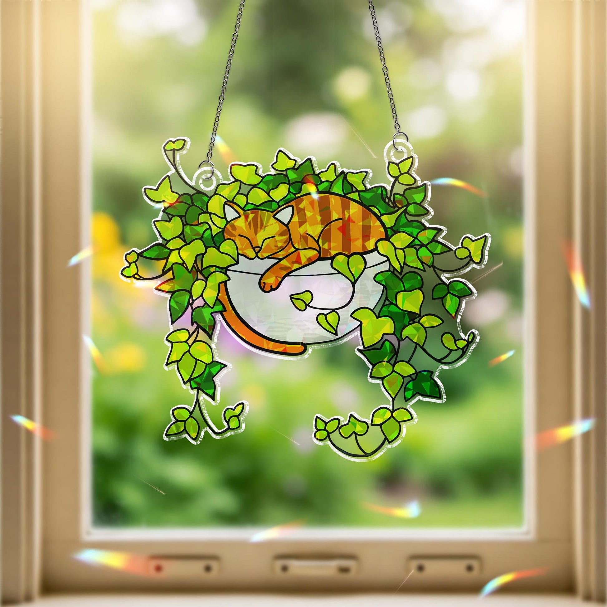 Orange Cat Sleeping on Ivy Hologram Ornament | Cat ACRYLIC Window Hanging | Plant Lover Gift, Ivy Plants Decor, Cozy Cat Decor, Gift For Mom
